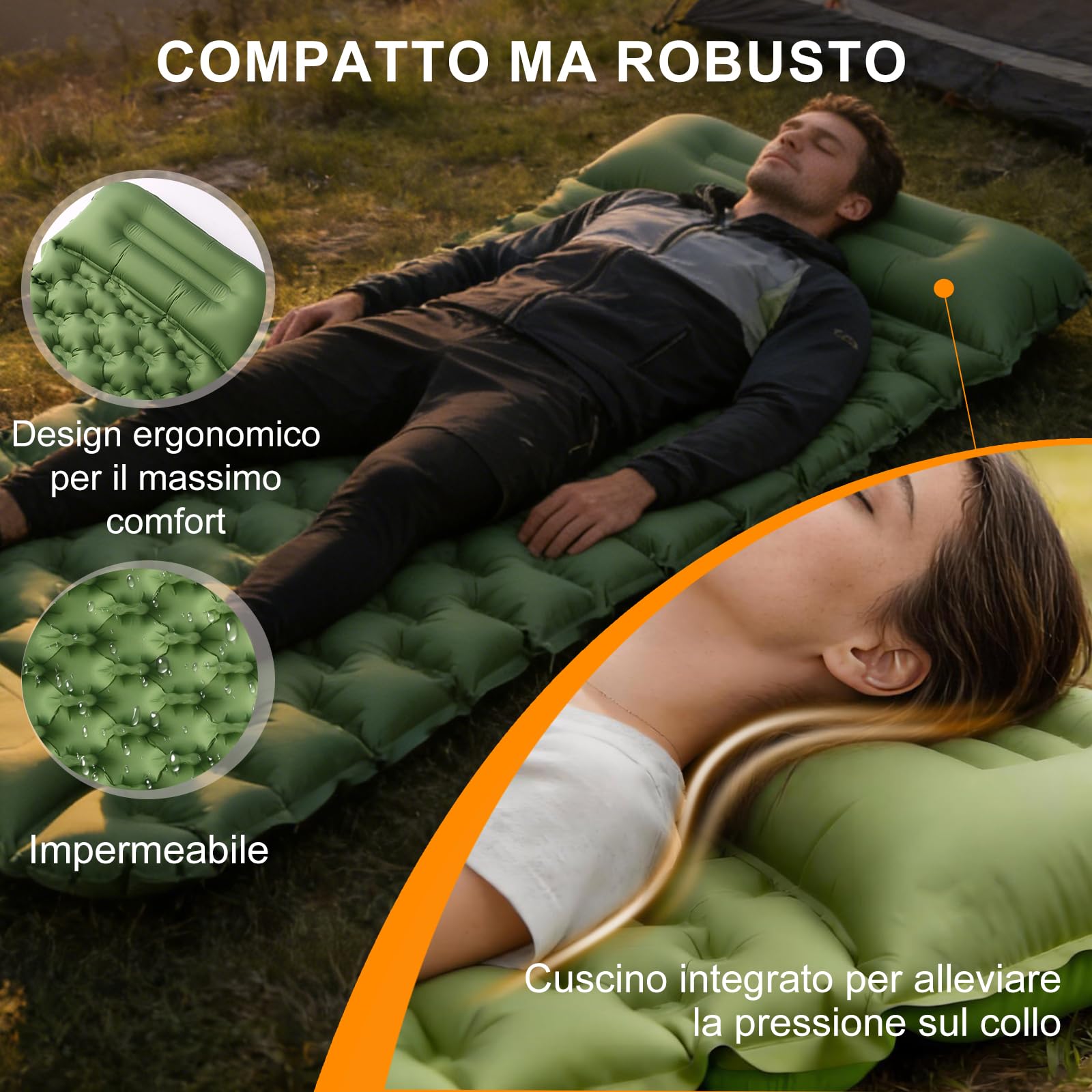 Materassino Gonfiabile da Campeggio con Pompa a Pedale e Cuscino Integrati – 8 cm, 800 g, Ultraleggero per un Comfort Superiore, Isolante e Impermeabile per Campeggio, Trekking ed Escursionismo