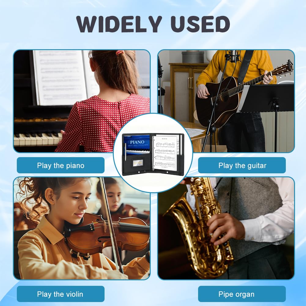 Carpeta Coral de Piel Sintética A4, Lujosa Carpeta de Partituras con Correa de Mano, Bolsillo Interior y Esquinas Protectoras, Negro