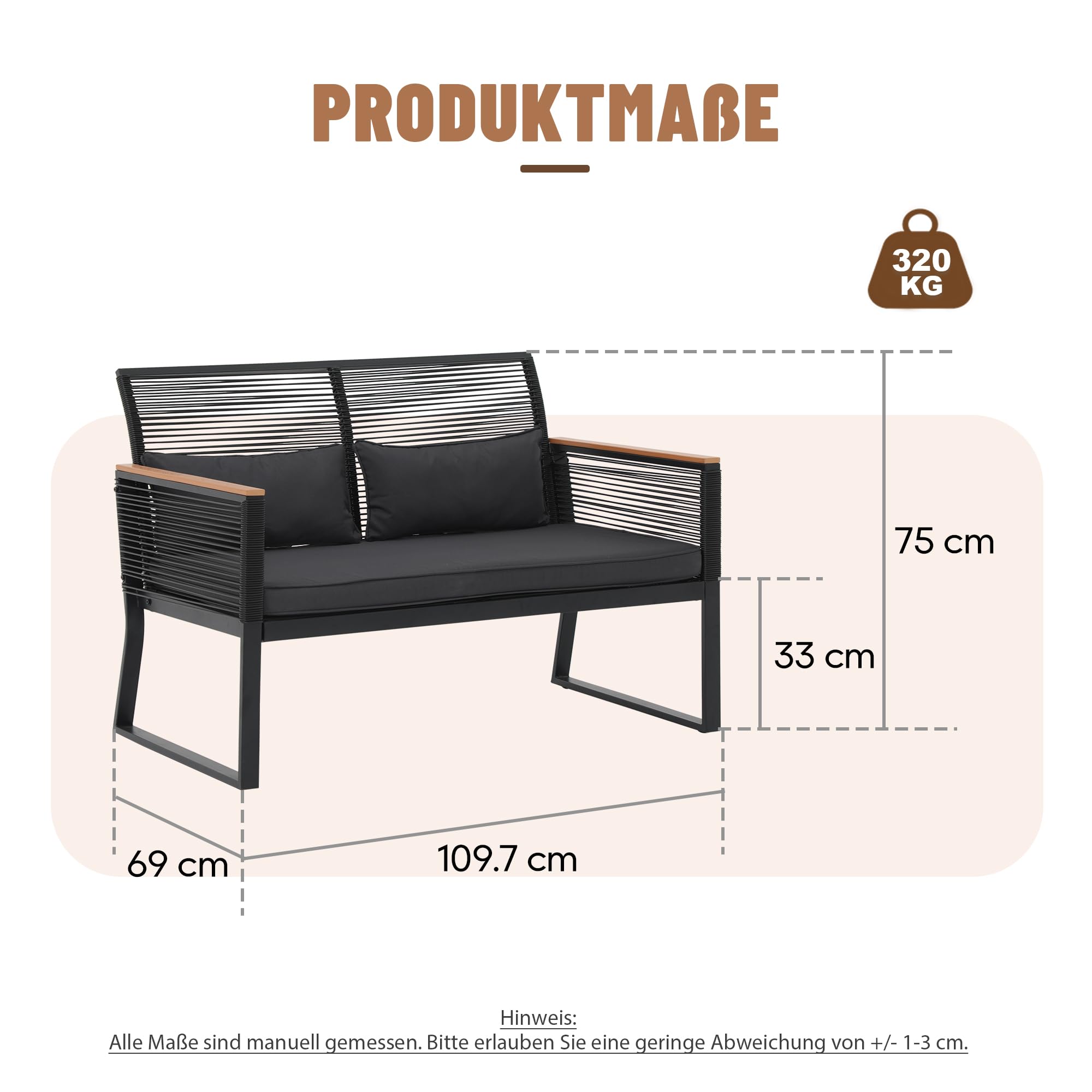 OC Orange-Casual 2er Gartenloveseat Rattan Gartenbank mit Sitzkissen&Rückkissen, Terrasse Sitzbank bis zu 160 kg, Balkonbank für Balkon, Garten, Terrasse, Hinterhof, Schwarz
