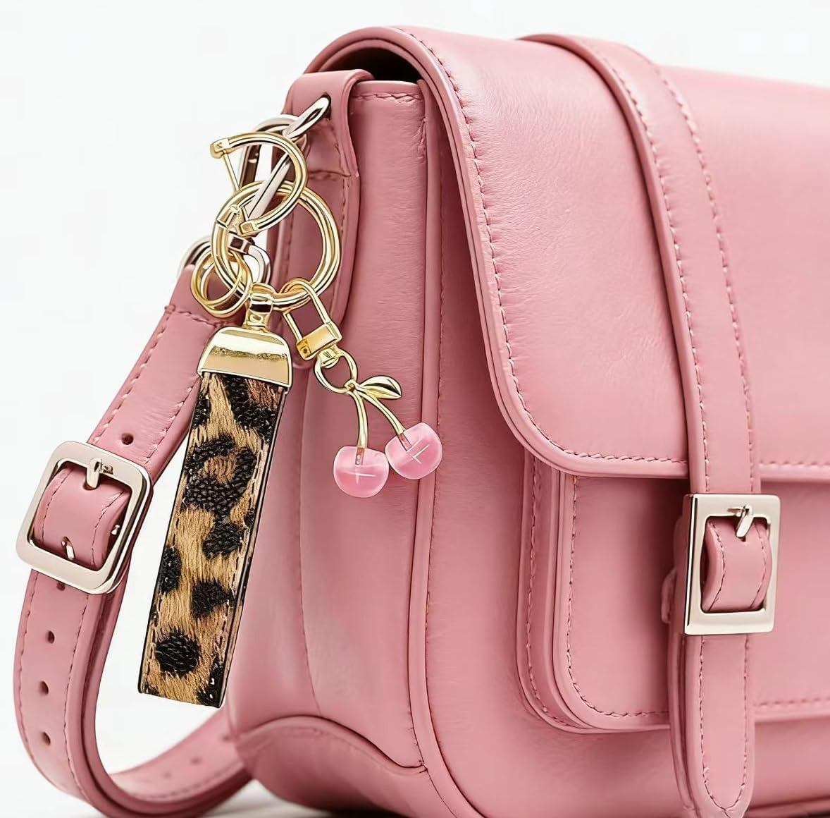 Q&D&S Leopard Print Leather Wristlet Keychain with Cherry Charm, Gold Keyring Holder for Women, Purse Bag Accessory image 5