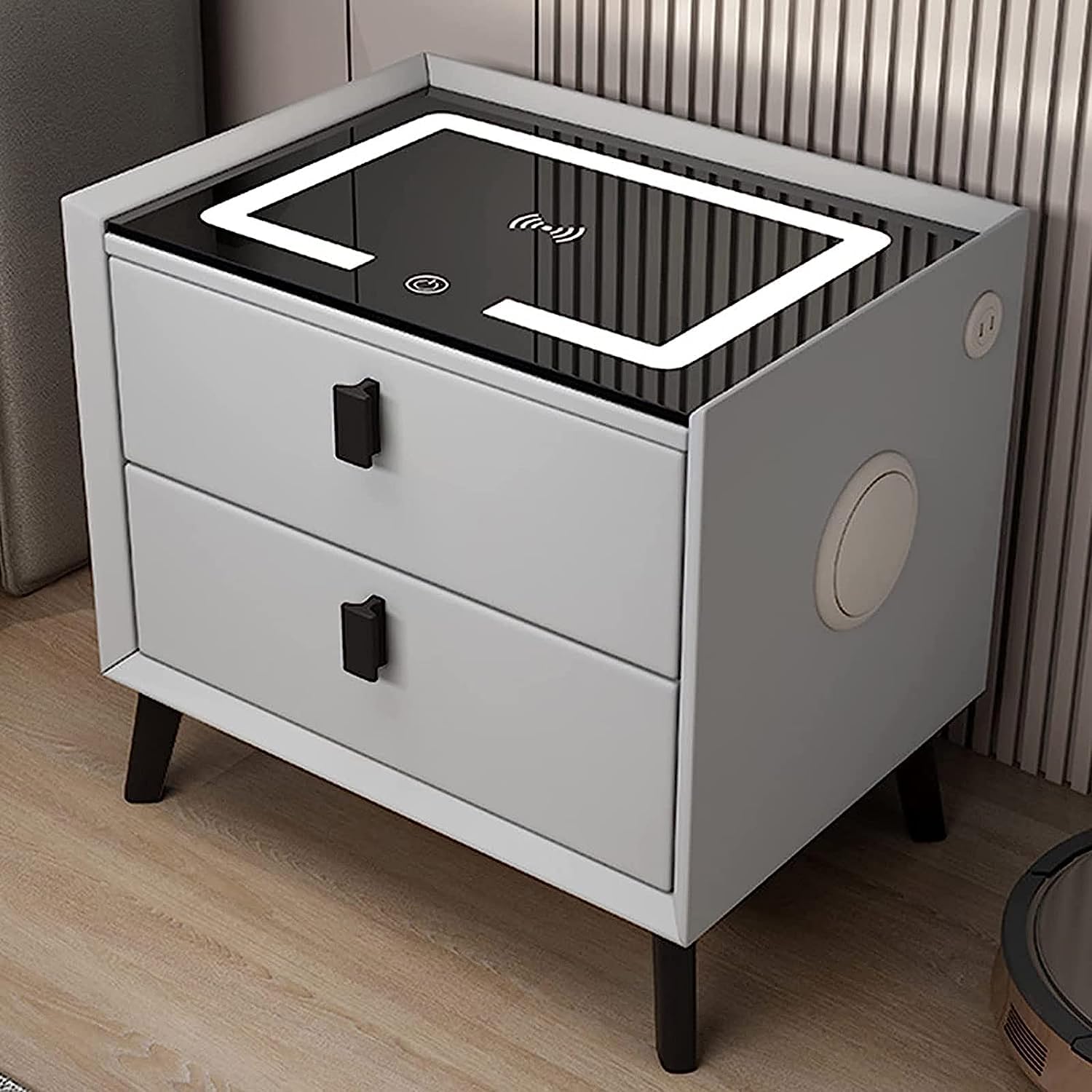 BHGFYXBS Smart Nightstand Smart Bedside Table With Wireless Usb Chargingo With Drawers 3 Color Light And Fingerprint Lock For Bedroom/H,H,E,E