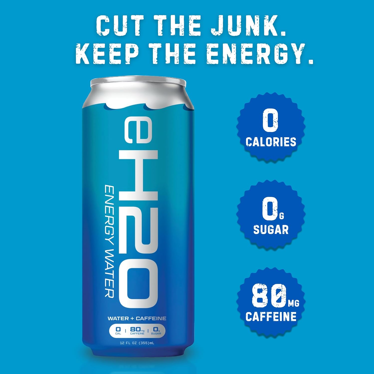 eH2O Energy Water - No Artificial Anything, 0 Calories, 0g Sugar, 80mg Natural Caffeine, Clean Energy Drink and Coffee Alternative, Tastes like Water, Simple Caffeine without the Junk, 12 Pack - 12 Fl Oz