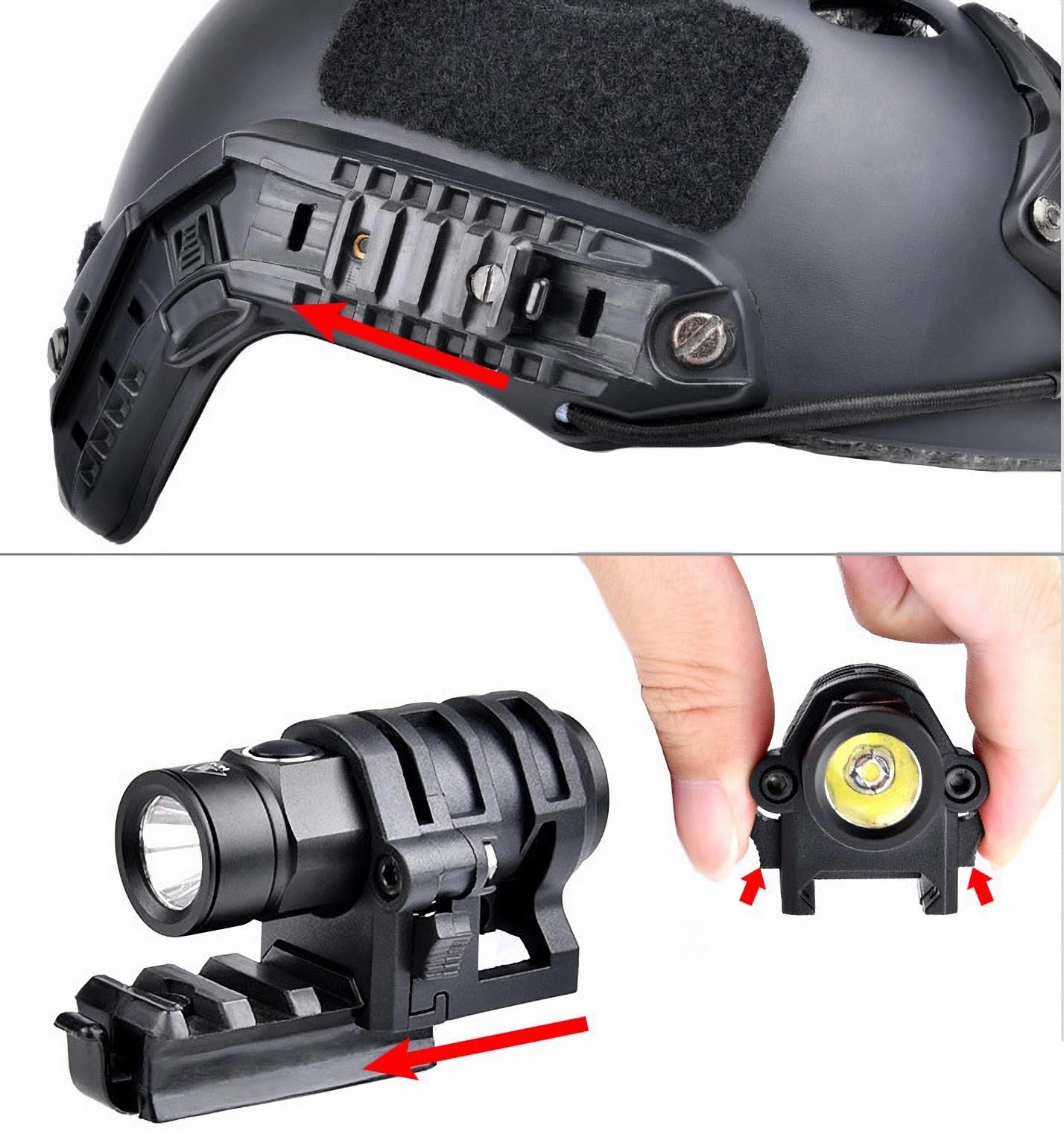 HIGOO Tactical Helmet Flashlight LED Light with ARC Rail Adapter & 20mm Picatinny Ring Mount Compatible with Fast IBH MICH2000