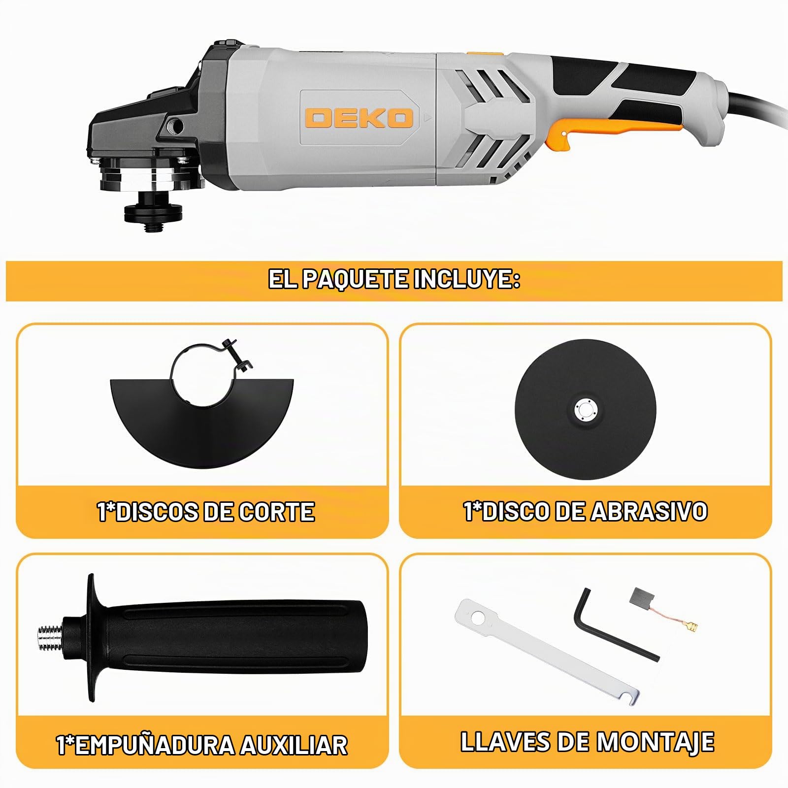 DEKOPRO 2200W Amoladora Angular Eléctrica con Cable, 230mm, Velocidad 6500 RPM, para Pulir y Amolar, Mangos Largos