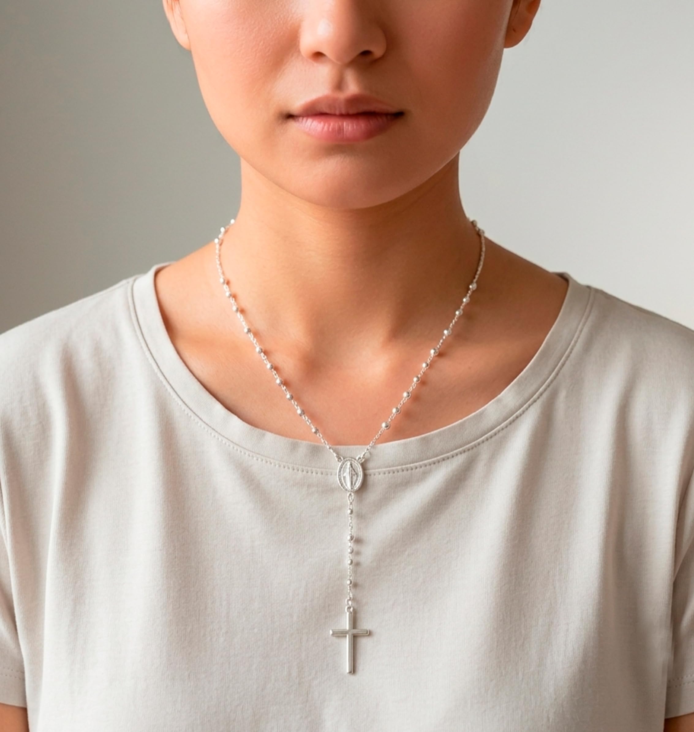 Only faith Prawdziwy srebrny różaniec 925 z medalem y i krzyża 60 cm religijny naszyjnik Katolicka biżuteria z koralikami