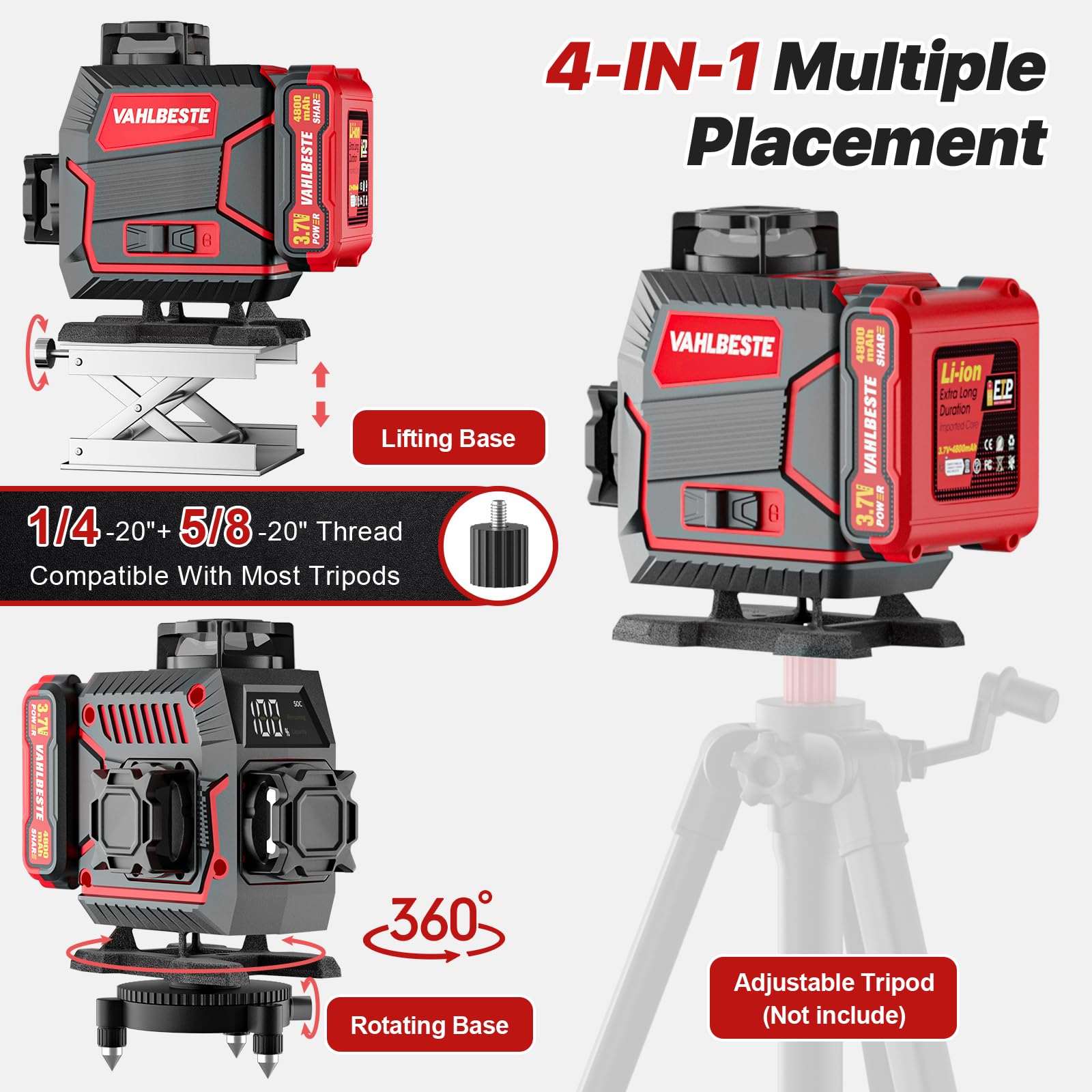 Nivel Laser, Nivelador Laser 4x360 ° con 2x4800mAh Batería, Nivel Laser Autonivelante 360 Grados con Pantalla LED, 4D 16 Líneas Laser Verde/APP/IP54/Control Remoto para Construcción