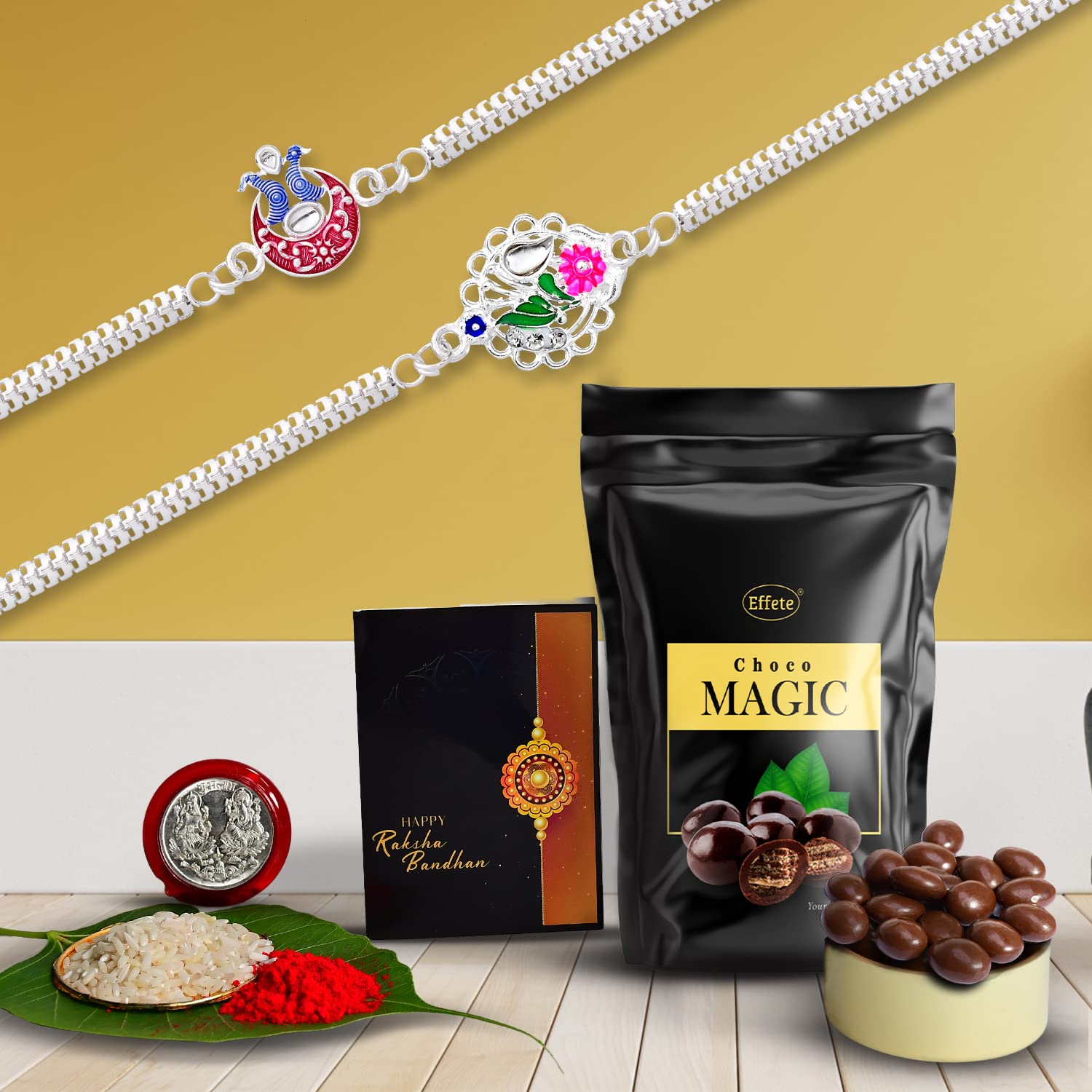 Periapt (K2_A15+A16_SP) Multicolor Rakhi Combo with Effete Chocolate Magic 32gm, Silver Color Pooja Coin, Roli Chawal & Greeting Card, Occasion, Rakhi & Chocolate for brother, bracelets for men stylish, rakhi with gift, Rakhi Combo, Set of 2 Rakhi, Rakhi Chocolate Gift combo-image-38