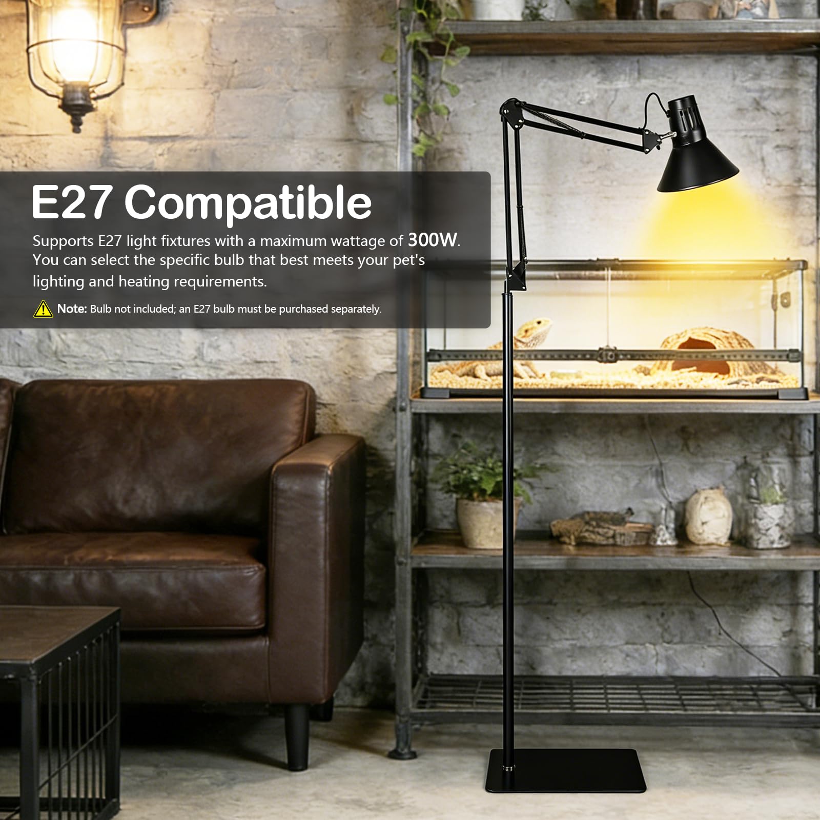 Supporto per Lampada Riscaldante per Rettili con Paralume, 40 - 180 cm Regolabile con Braccio Girevole a 360°, Supporto per Lampada da Terra Compatibile E27 per Tartaruga Acquari Terrari e Piante