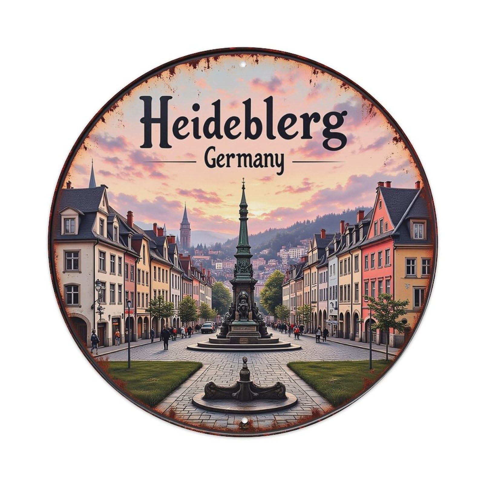 Heidelberg Germany Cityscape Sunset View Vintage Round Tin Sign Retro Metal Wall Decor Metal Poster, Home Bar Garage Cafe Wall Art Decoration 8x8Inches