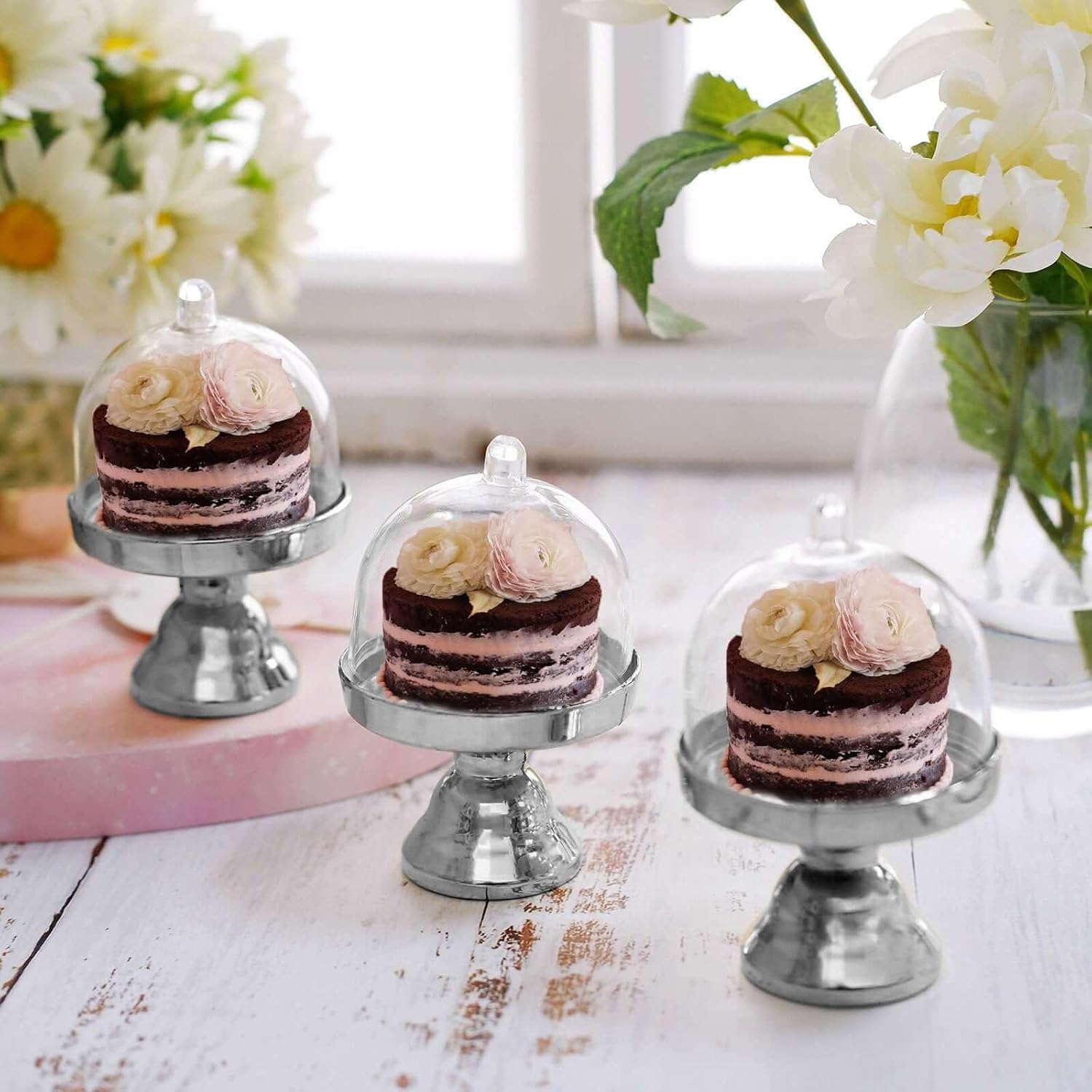 Efavormart 12 Pack 4 inch Silver Mini Cupcake Stand with Dome Cover - Magnificent Candy Display Plate for Luxury Wedding Favors and Gourmet Treats