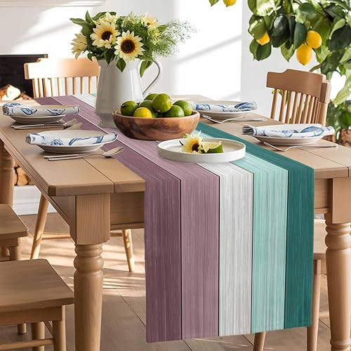 Miniatura 244 de Camino de mesa de algodón y lino estilo granja rústico retro, textura de madera de granero, color degradado marrón y gris, antideslizante,