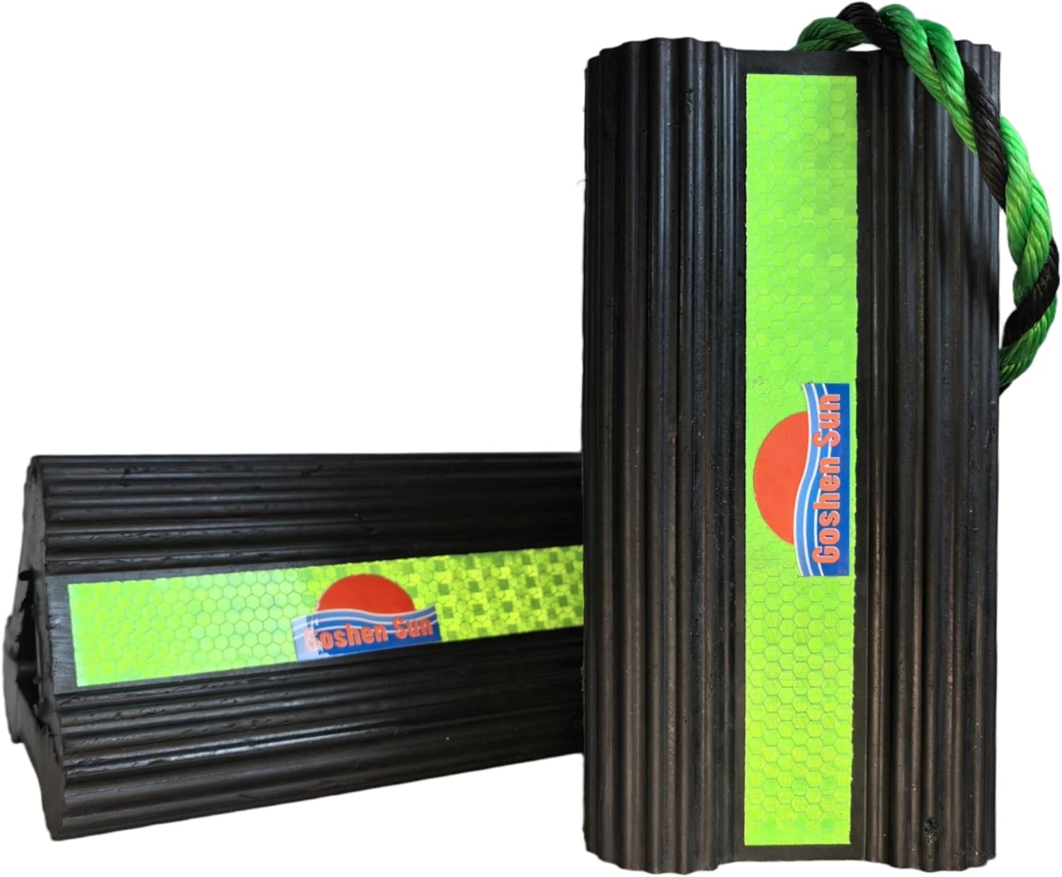 Goshen Sun- Heavy Duty Rubber Wheel Chocks with Reflective Strips,2-Piece (8.25x4.5x4 Inch),All-Weather, Non-Slip,Wear-Resistant & Portable Parking Security for Airplan, RV, Trailer (1-Pair, Green)