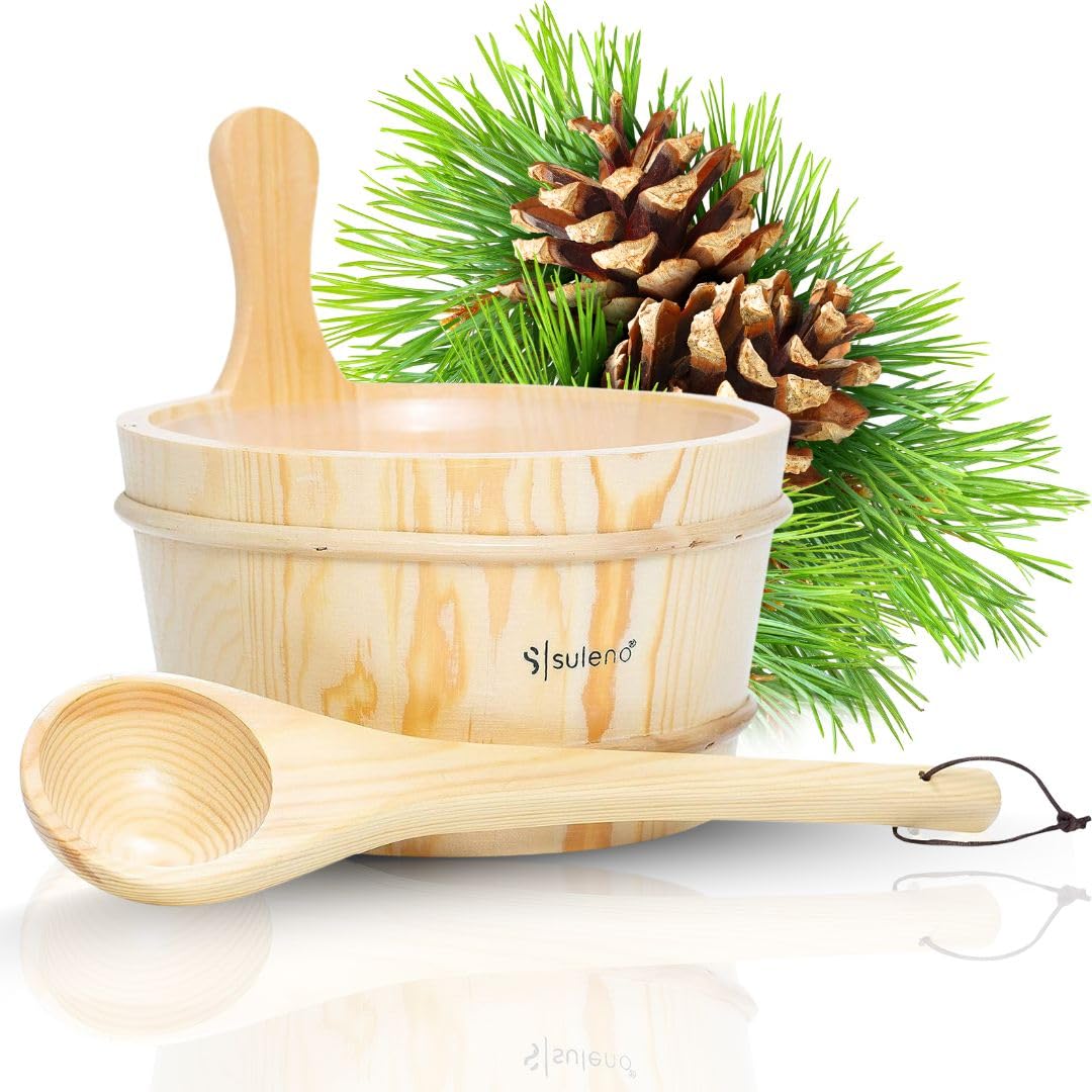 SULENO Sauna Set 3-teilig Saunazubehör Saunakübel Aufgusskelle Eimer mit | Kelle 4 Liter, Saunaeimer, Saunaaufguss