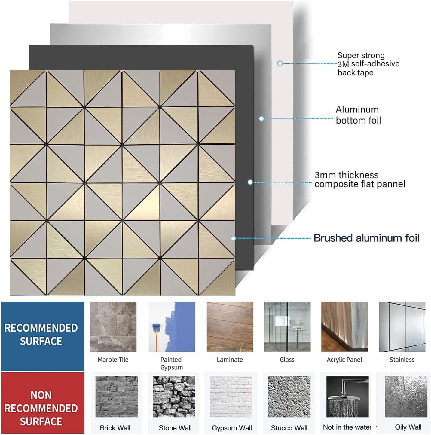 XUANINY 14-Sheet Peel and Stick Backsplash Tiles, Triangle Aluminum Surface Metal Mosaic Sticker, Self Adhesive Aluminum 3D Wall Sticker for Living Room, Kitchen, RV，Bar (11.81"x11.81") (14, Golden)