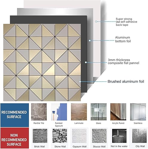 Miniatura 4 de XUANINY 14 hojas de azulejos en muro de despegar y pegar, adhesivo de mosaico de metal con superficie de aluminio triangular, adhesivo de pared 3D