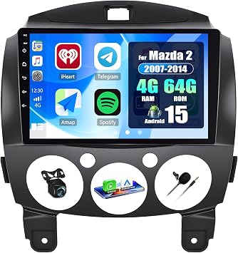 [4G+64G] Car Radio for Mazda 2 2007-2014 with Wireless CarPlay Android Auto,9" Touchscreen Android 15 Mazda 2 Car Stereo with Mirror Link Voice Control WiFi/GPS,Bluetooth,FM/RDS SWC+Backup Camera