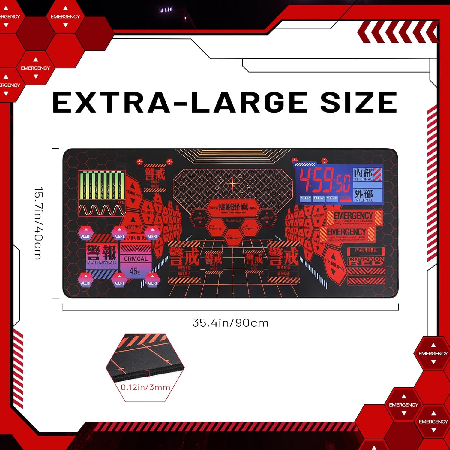Mouse Pad EVA Unit - 01 Themed Gaming Mouse Pad 35.4"x15.7", Cyber Alert Emergency Interface Design