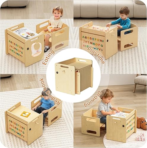 Miniatura 5 de Acenova Montessori - Juego de mesa de destete y silla, mesa de madera para niños pequeños con gancho, muebles Montessori para leer, aperitivos,