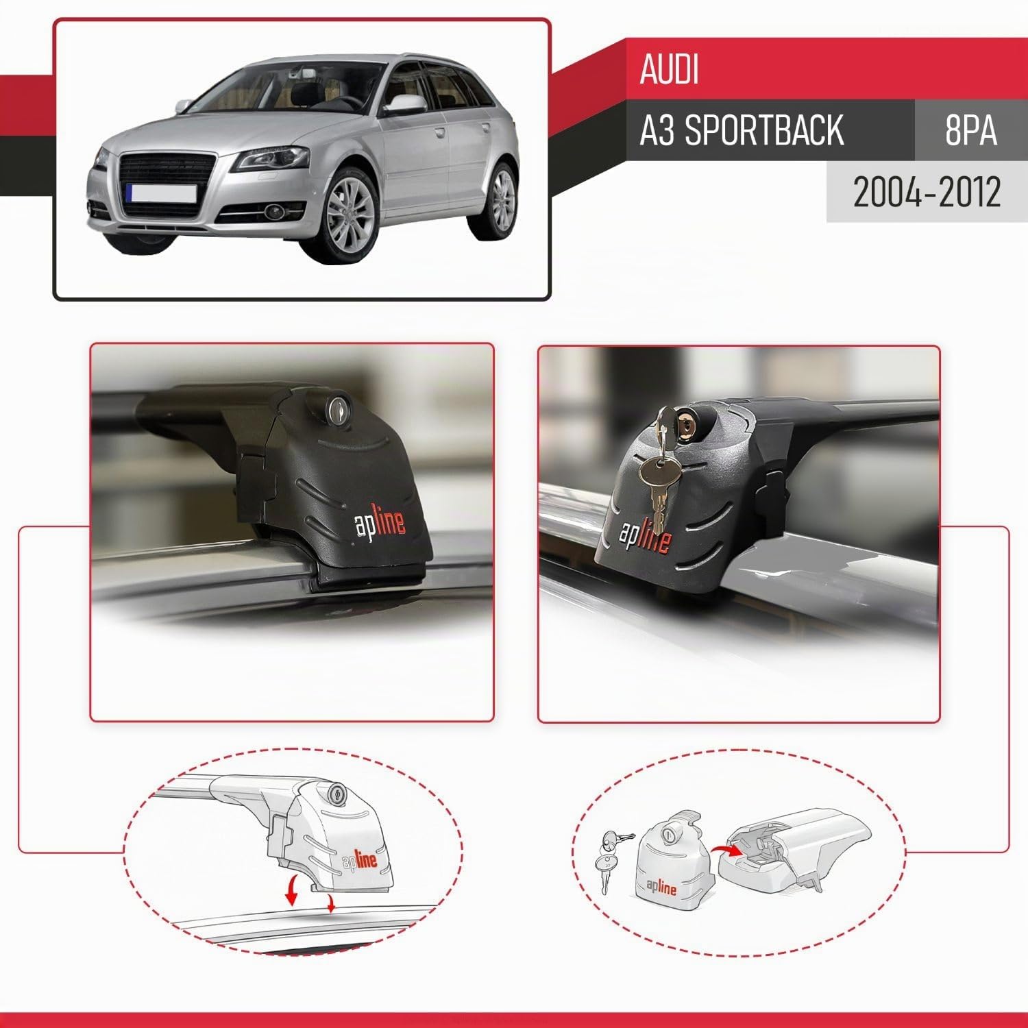 Compatible con Audi A3 (8PA) Sportback 2004-2012 Modelo Ace-2 Barra de Techo Auto Portaequipajes Barras Transversales Negro Aluminio 2 Barras