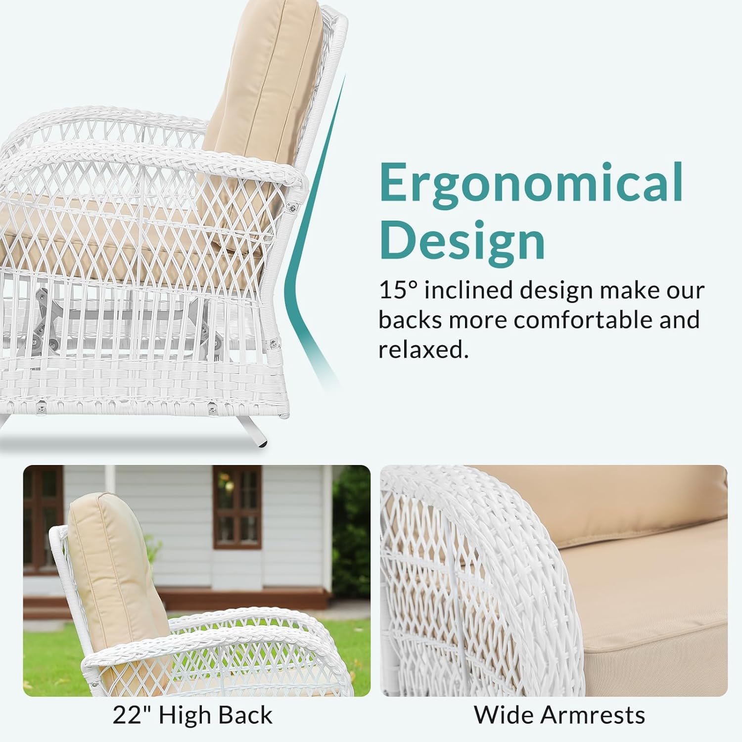 MEETWARM Patio Wicker Rocking Glider Set, All-Weather Outdoor Rattan Patio Rocking Chairs of 2, Patio Conversation Set with Thickened Cushions for Porch Garden & Backyard, White Wicker/Beige