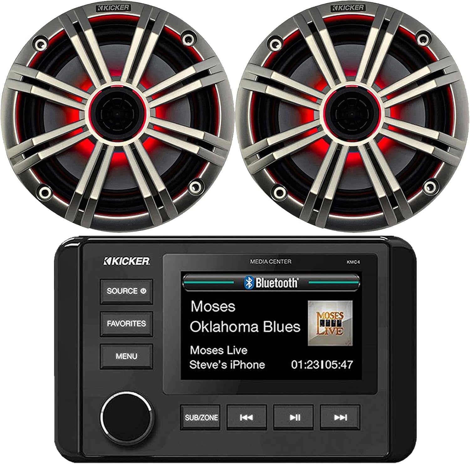 KICKER 51KMC4 3" LCD Marine Bluetooth Weather-Resistant Gauge-Style AM/FM WB/USB/AUX Media Center Receiver, 2X 6.5 195W Max Power RGB LED Coaxial Speakers, 2X 6.5 Silver Grille Speaker