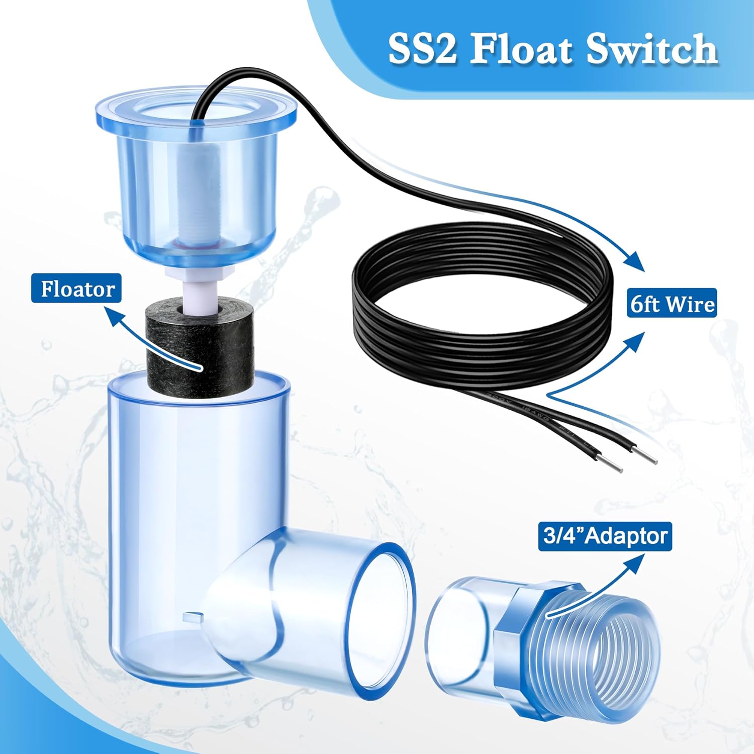 Feekoon 8 Pack SS2 Float Switch L Shape for Easy Installation, AC Float Switch with 3/4 Inch Adaptor and 6ft wire, Water Level Accessory for Air Conditioner with Condensate Overflow Detection