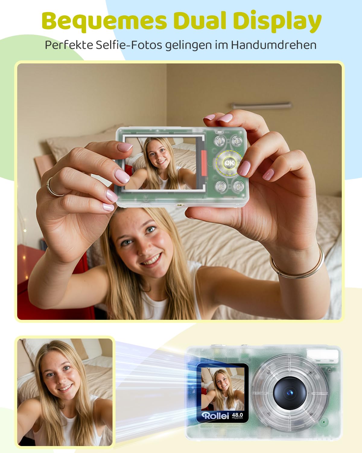 Rollei Compactline Pocket Transparent Blau Digitalkamera 48MP 4K Dual Screen 18X Digital Zoom Kompakte Kamera für Kinder Anfänger