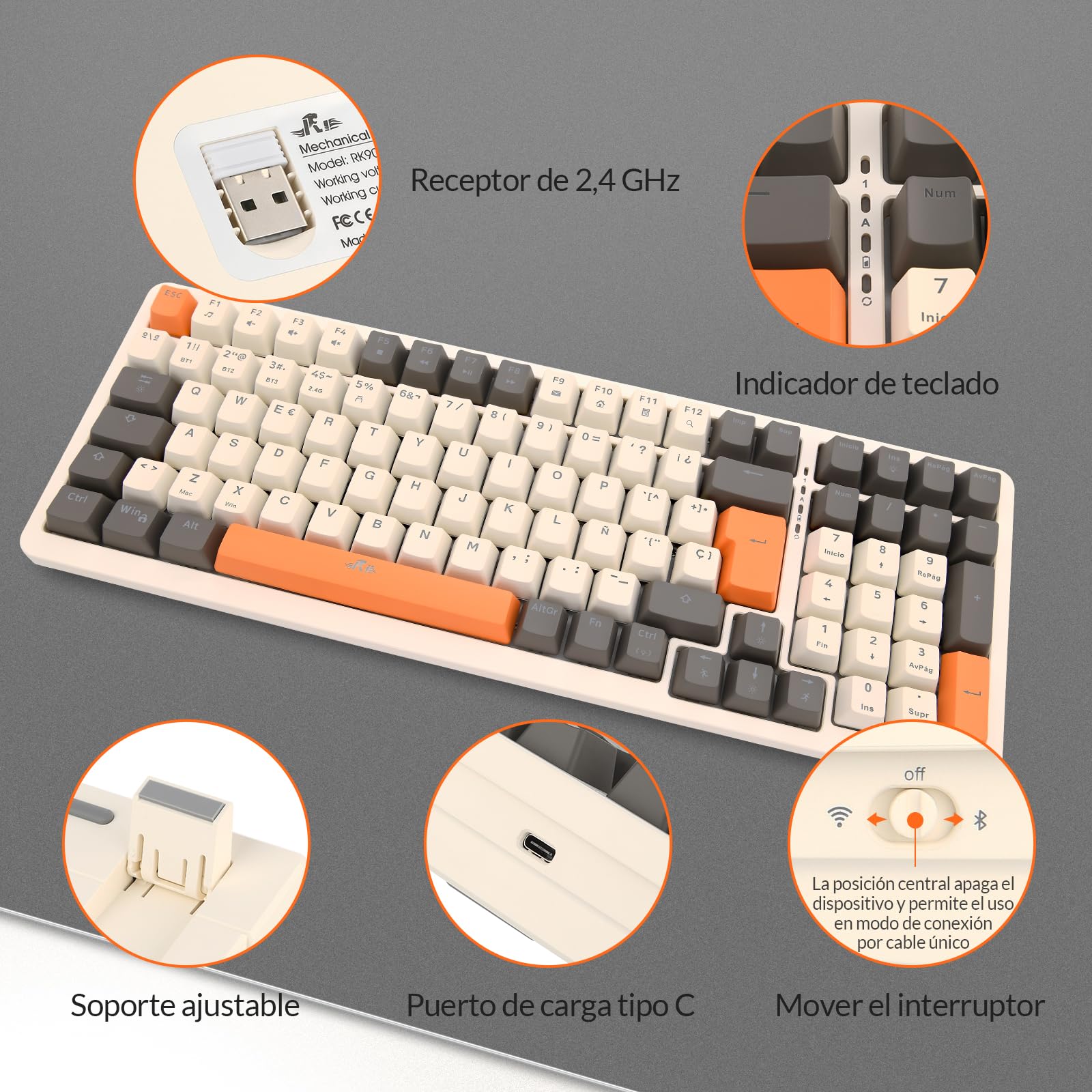 Rii RK909 Teclado 96% Gaming Mecánico, 3 Modos de Conectividad, Retroiluminación LED, Layout Español (Interruptores Azules)