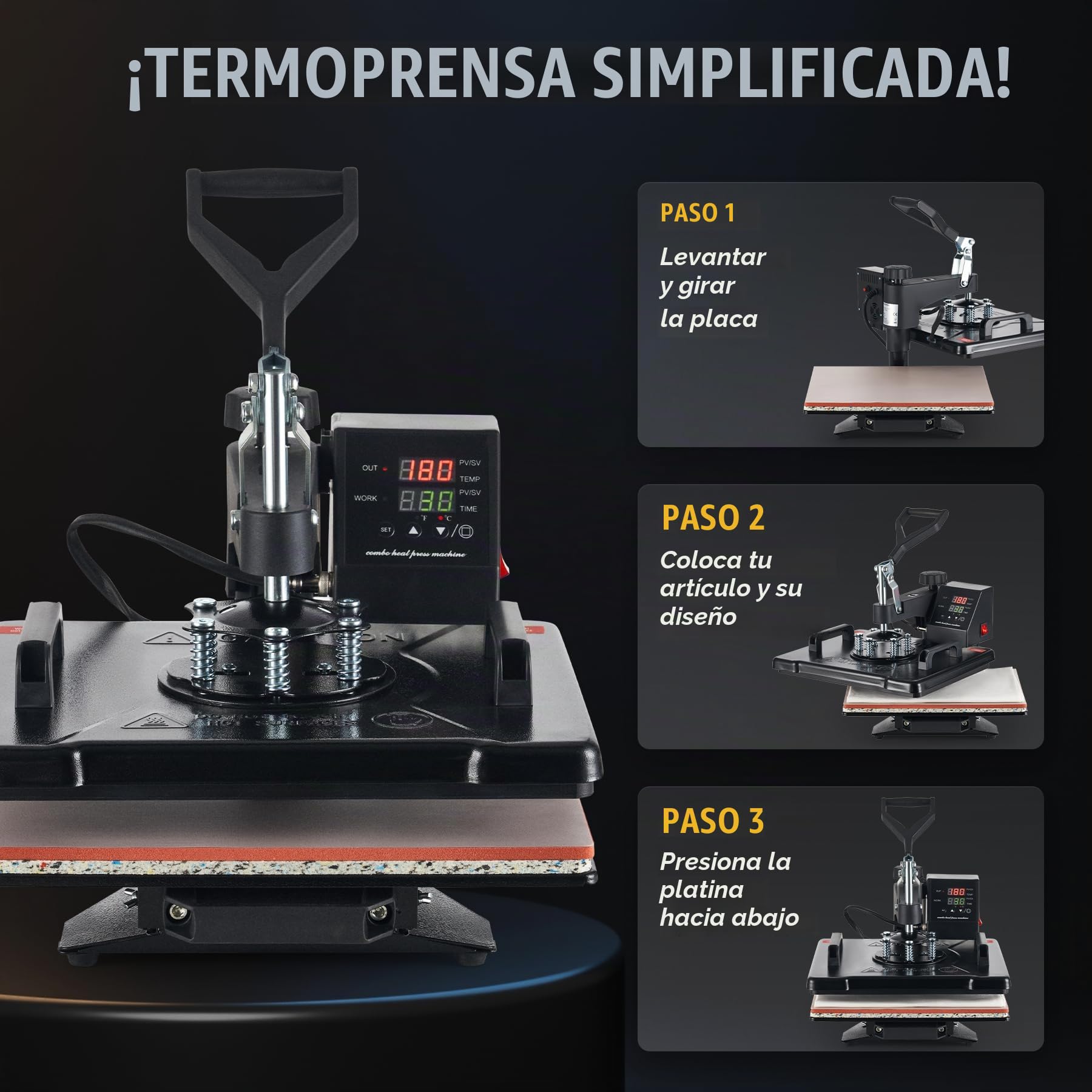 CREWORKS 8 en 1 Prensa de Calor 30X38CM con Pantalla LED Máquina de Sublimación Giratoria 360° Prensa Térmica para DIY Camisetas, Bolsas y Sombreros