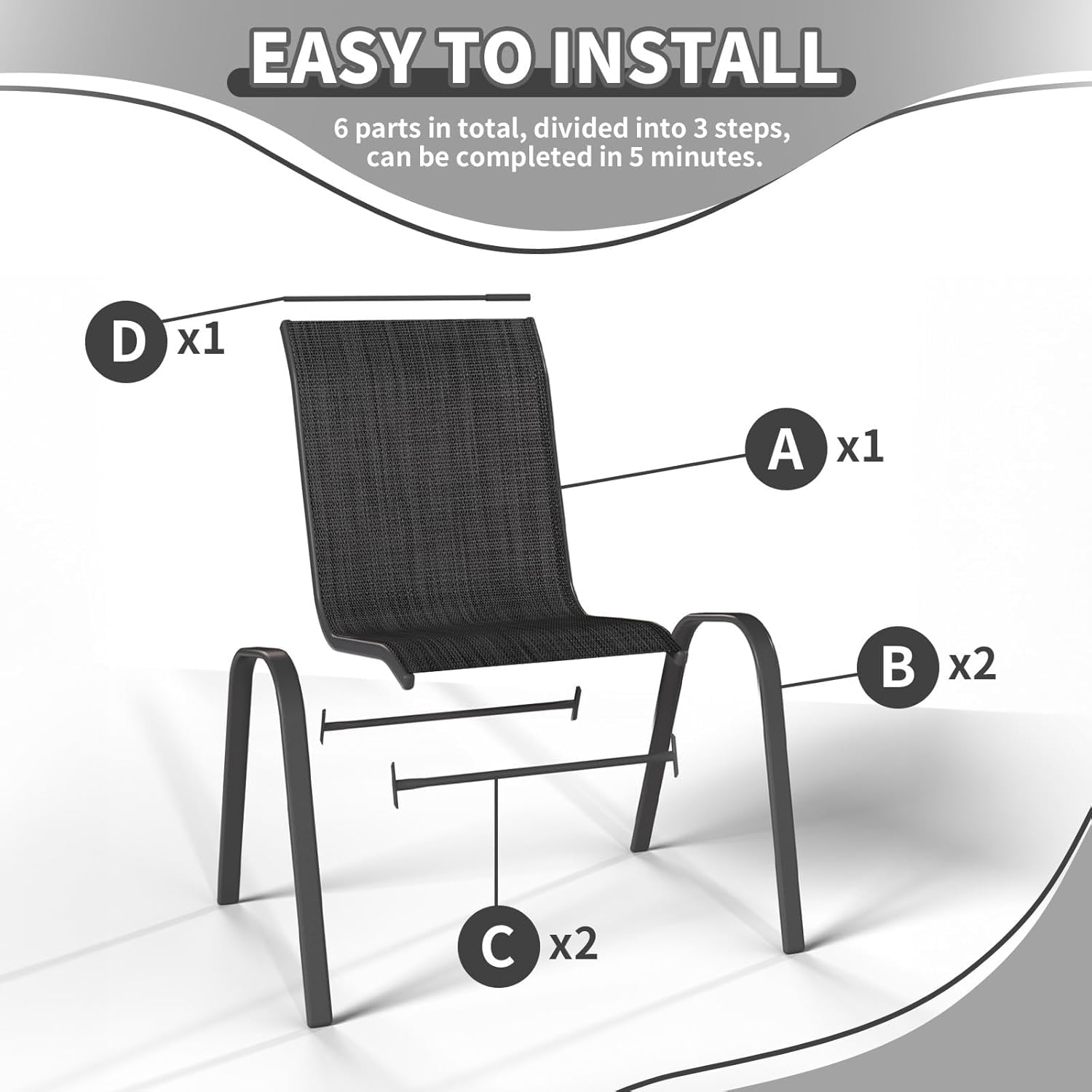 UDPATIO Set di 6 Sedie da Giardino Impilabili, 62 x 67 x 96 cm Sedie Esterno con Schienale Alto e Braccioli, Tessuto Textilene e Struttura Metallo per Esterno e Terrazze, Nero