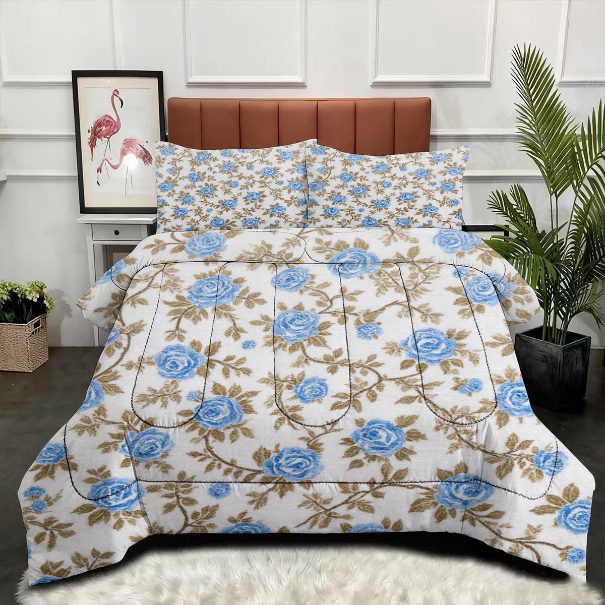 Couette confortable 160x200 avec taies d'oreiller parure de lit adulte et adolescent motif fleur