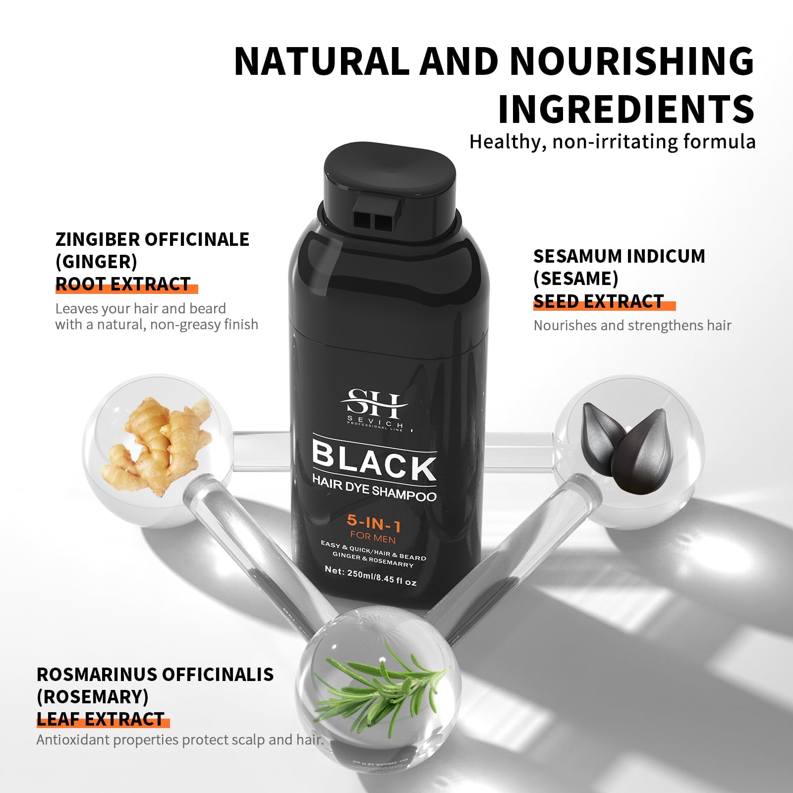 Sevich Black Hair & Beard Dye Shampoo,Semi Permanent Hair Color,Shampoo for Gray Hair and Beard Coverage for Men 5 in 1 Dye Shampoo Conditioner with Natural Ingredients - Image 4