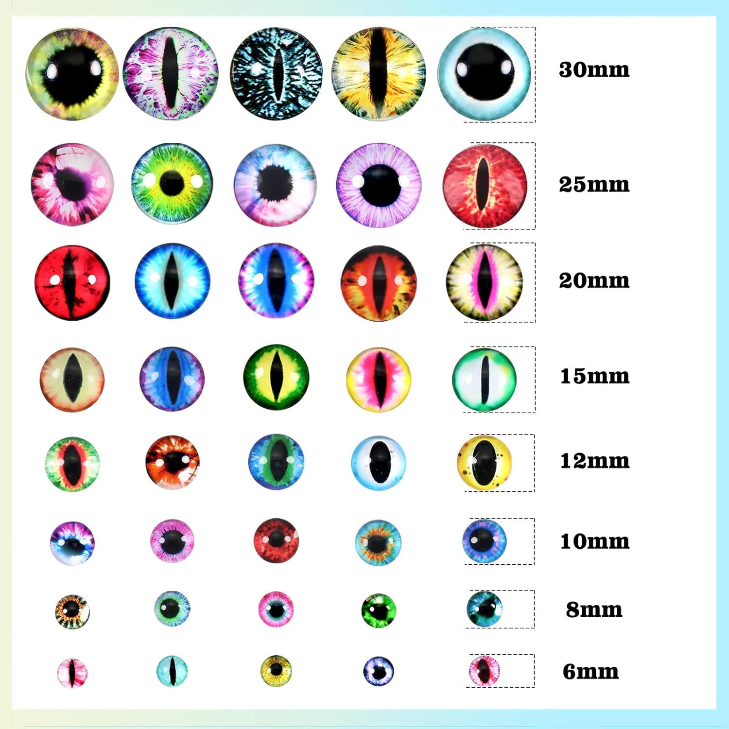 TOAOB 160pcs Assorted Colors Glass Dragon Eyes 6mm to 30mm Crafts Cabochons for Clay Doll Making Sculptures Props and DIY Jewelry Making Findings