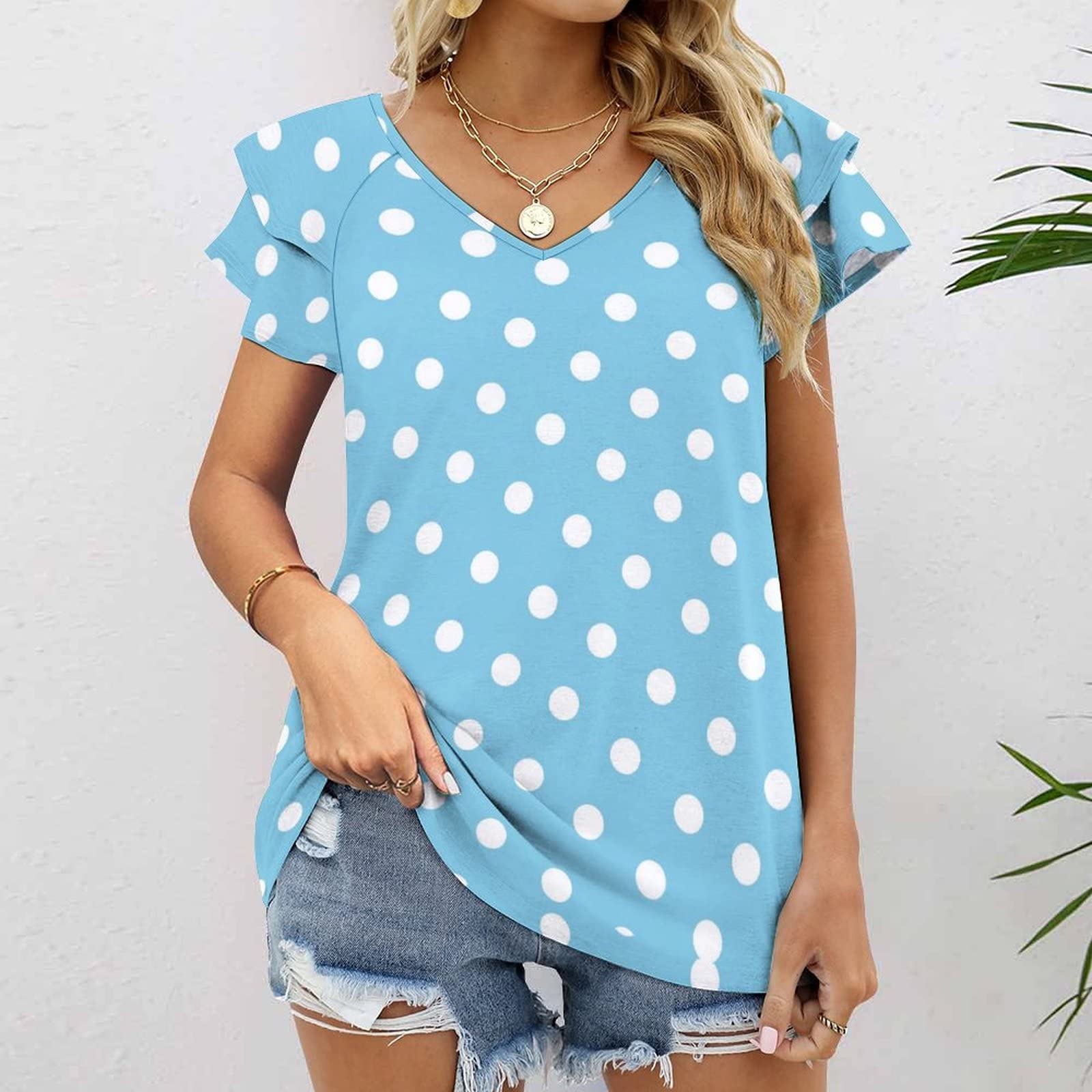 Amazon.co.jp: 夏服 Tシャツ トップス Vネック 水色 ブルー ドット柄 