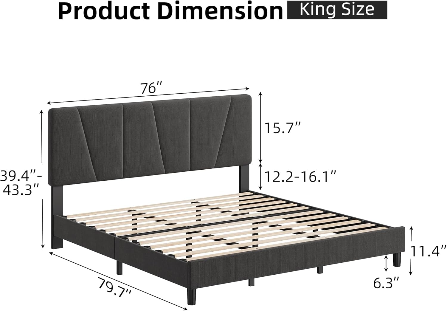 King Size Bed Frame with Adjustable Headboard, Linen Upholstered Platform Bed Frame with Strong Wooden Slats Support, No Box Spring Needed, Noise-Free & Easy Assembly, Dark Grey