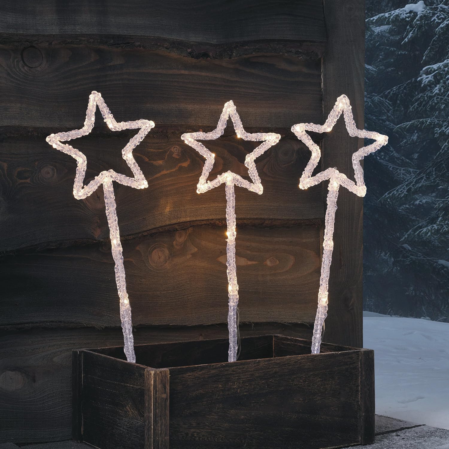 Lights4fun Lot de 3 Balises Étoiles Lumineuses en Acrylique de 43 cm avec 36 LED Blanc à Piles avec Minuterie Décoration de Noël pour Extérieur