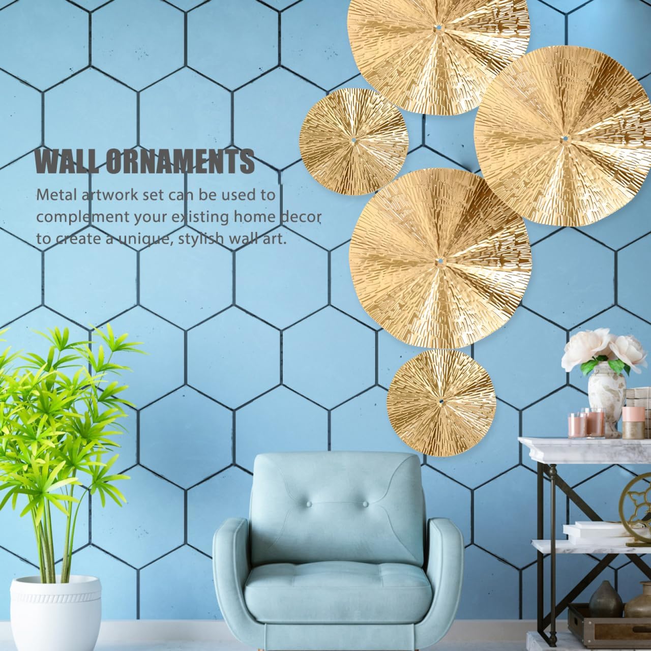 Operitacx 6pcs Gold Wall Decor -Metal Wall Decor Aesthetic, Modern Accent Large Sunburst Hanging Decorations for Home Office Bedroom Bathroom Or Living Room, Diameter 9.63in and 5.89in