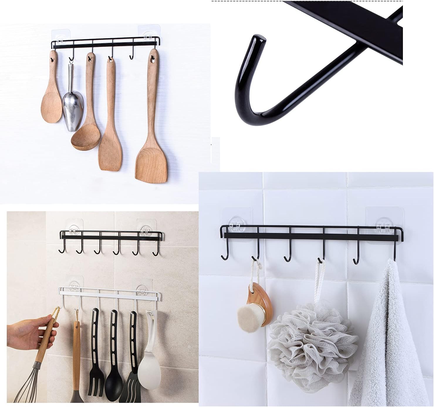 2Pack of Wall Hooks Mount Coat Hat Hook Black Rack with 6 Hooks Coffee Cup and Mug Rack Key Hanger Clothes Holder Coffee Mug Holder Kitchen Bathroom Housekeeper Home Organizer Door Hook (2, Black)