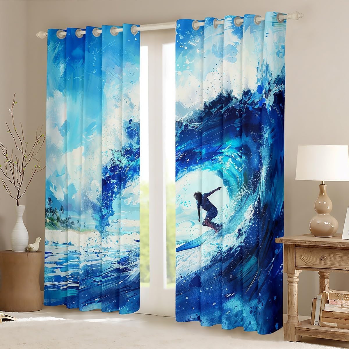 Erosebridal Sea Surfing Blackout Curtains Surfing Lover Window Curtains 2 Panels,52X63 Inch,Blue Wave Window Treatments Drapes for Kids Girls Boys Watercolor Graffiti Curtain