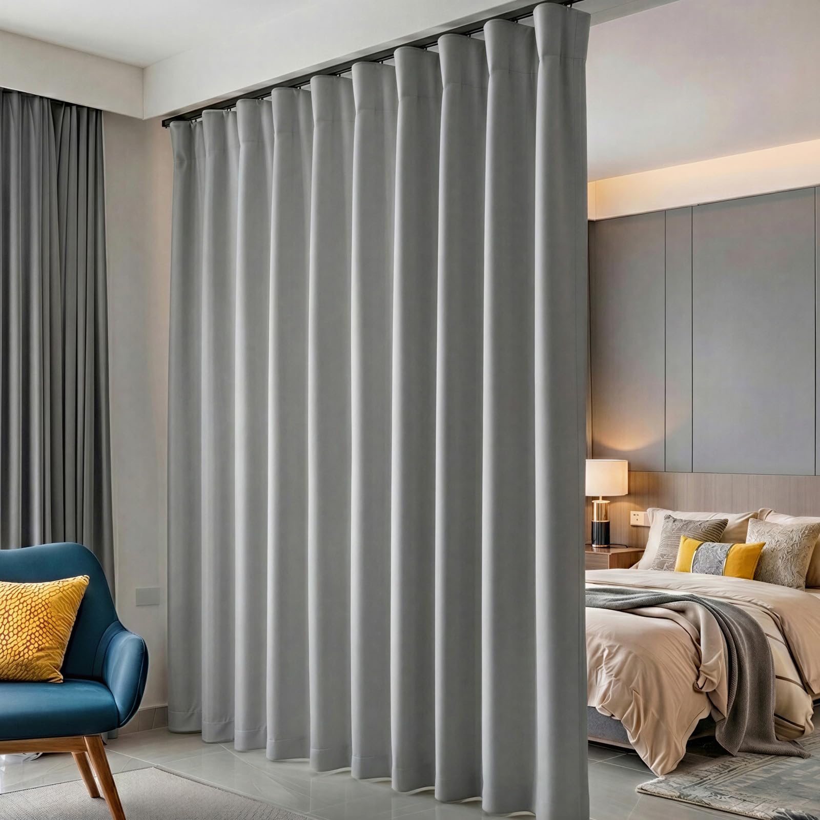 hoeflife Room Divider Curtains Blackout Floor to Ceiling Curtain with Hook Wall Mount Sliding Door Curtains Ceiling Mount Extra Wide Curtain Wall Divider for Room Separation(Light Grey,W180 x H96 in)