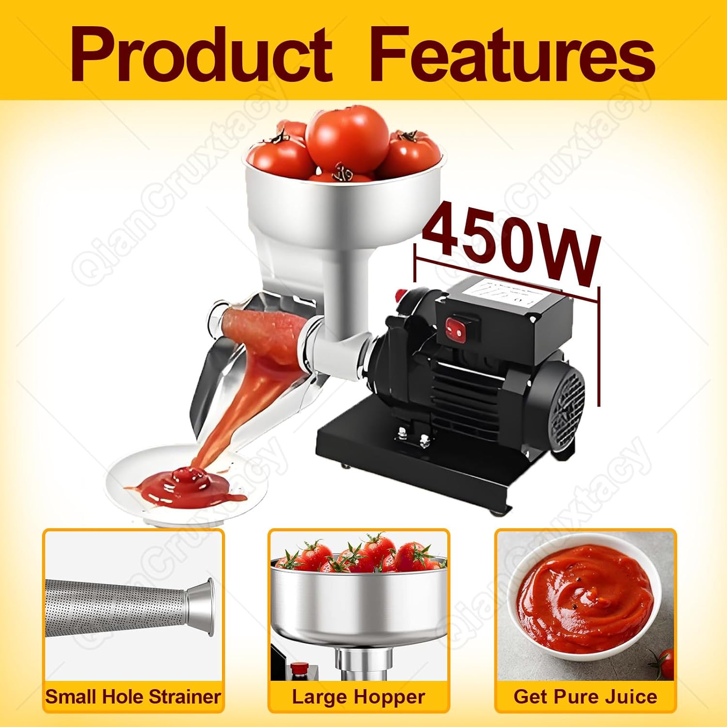 450W Commercial Electric Tomato Strainer & Sauce Maker, 304 Stainless Steel Body & Pure Copper Motor, H igh-Efficiency 90kg/h for Homemade Ketchup, Jam, Puree