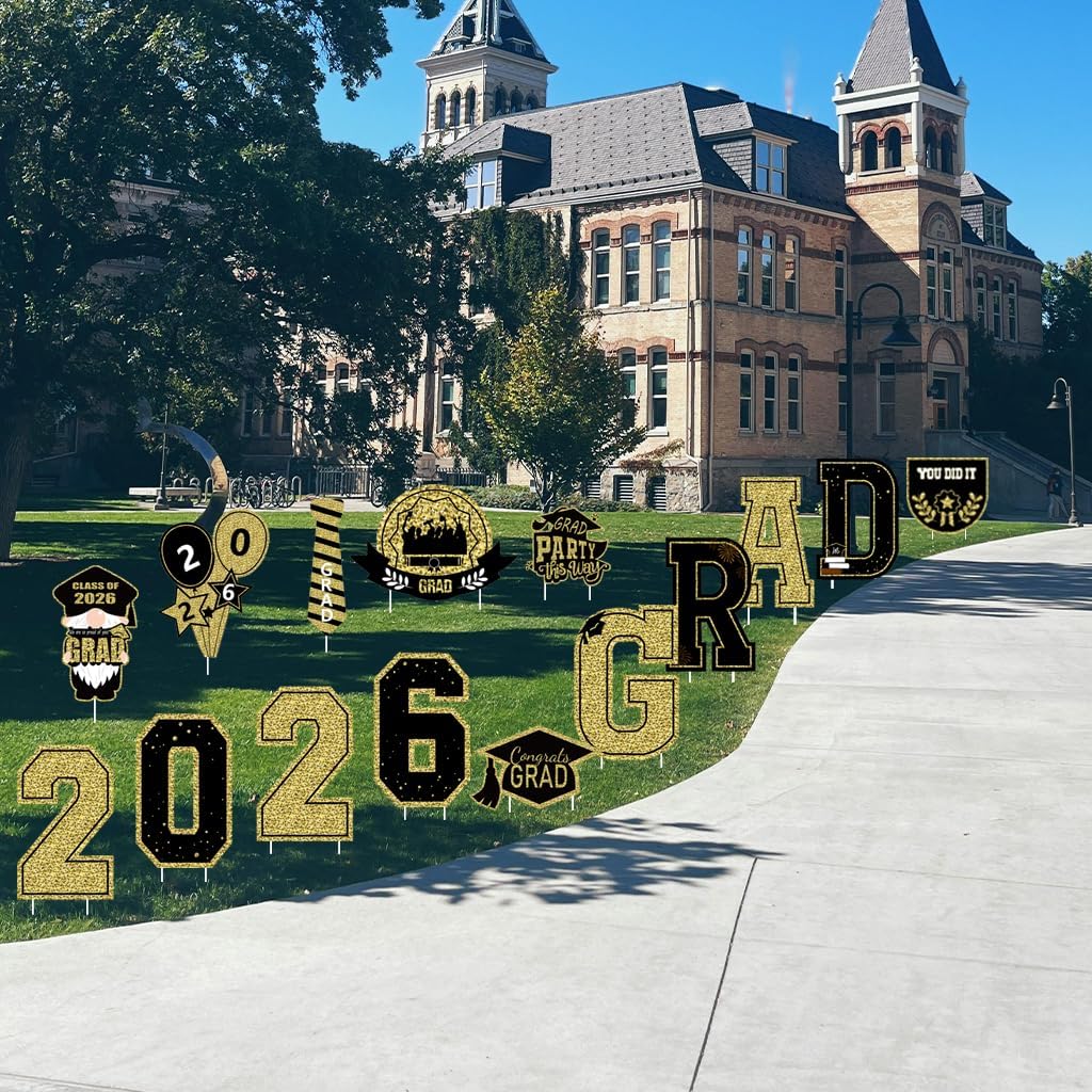 2026 Graduation Decorations Yard Signs – 15PCS Black and Gold Congrats Grad Lawn Decorations with Stakes, Graduation Party Supplies, Large Outdoor Graduation Party Decor for High School & College