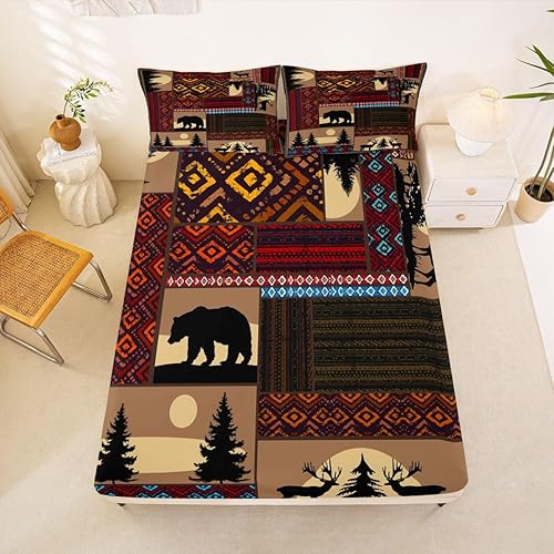 Miniatura 3 de Juego de ropa de cama de ciervo, alce y oso, tamaño Queen, diseño azteca occidental, juego de sábanas rústicas para adolescentes y hombres, sábana