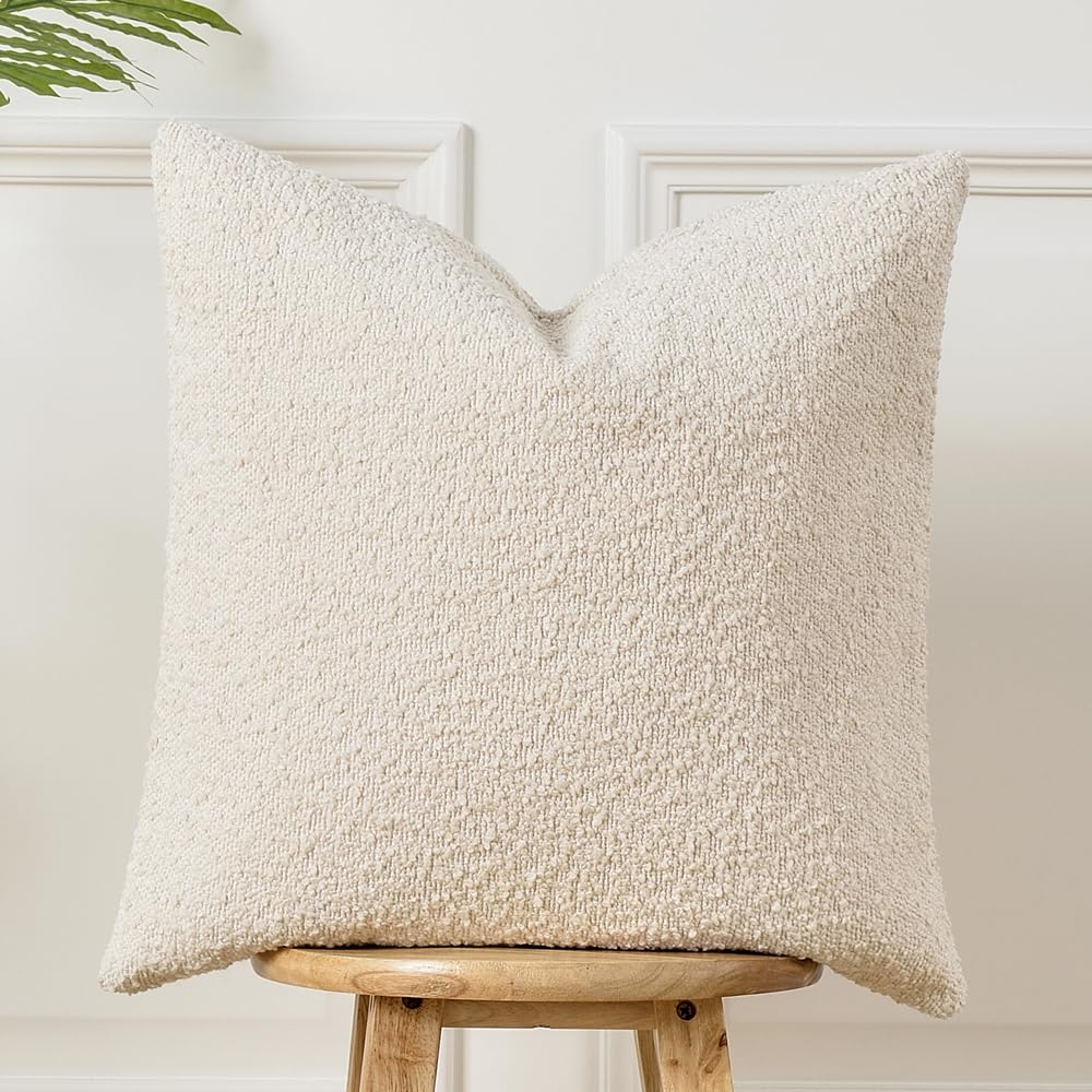 Sunkifover Textured Boucle Throw Pillow Cover 20x20 Inch Striped Solid Pillow Cases Cozy Soft Decorative Modern Cushion Case for Chair Sofa Bedroom Living Room Home Decor, Cream