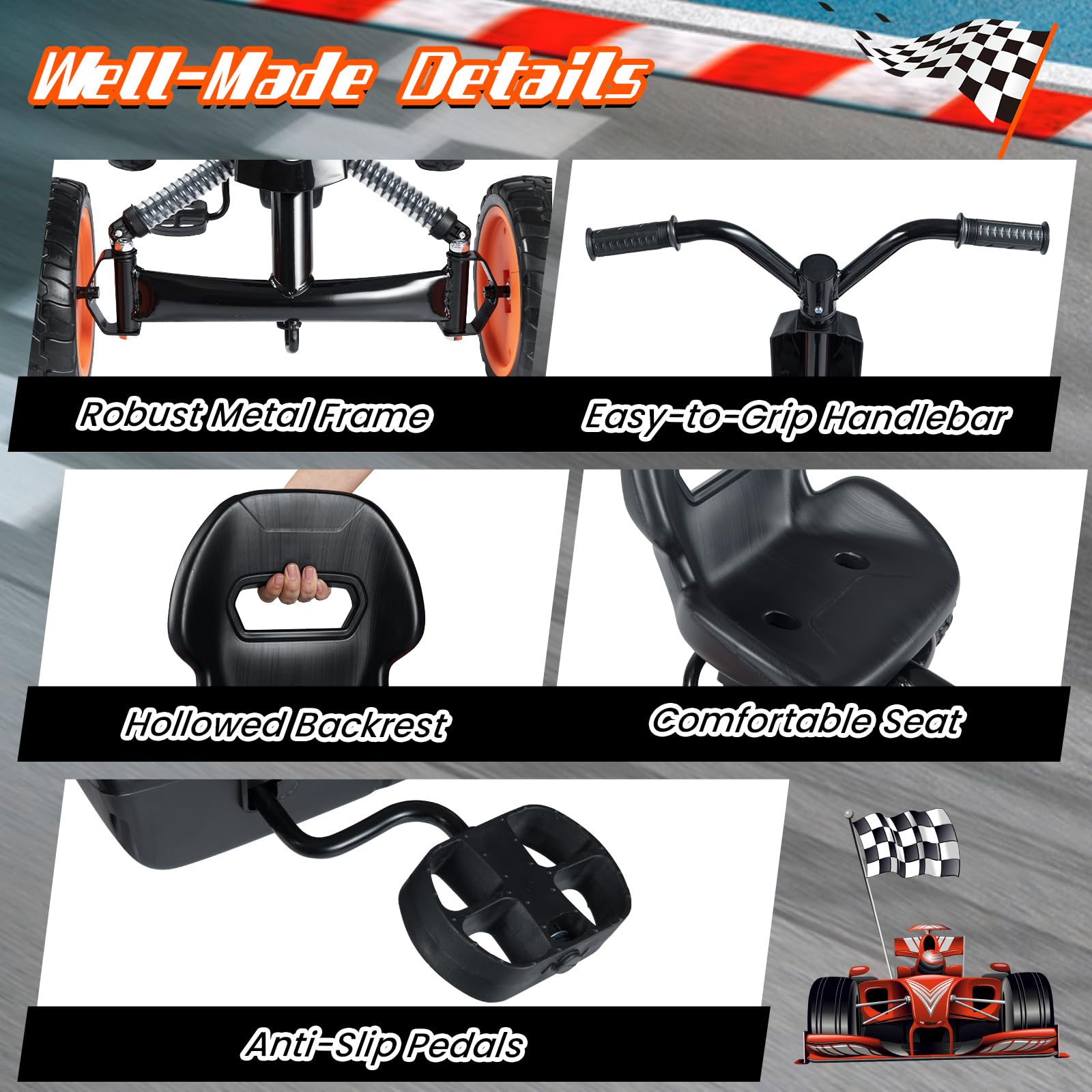 FANTASK Niños Gokart con Pedal, Asiento Ajustable, Marcha adelante y atrás, soporta hasta 30 kg, Coche de Pedal Exterior para niños y niñas a Partir de 3 años (Negro)