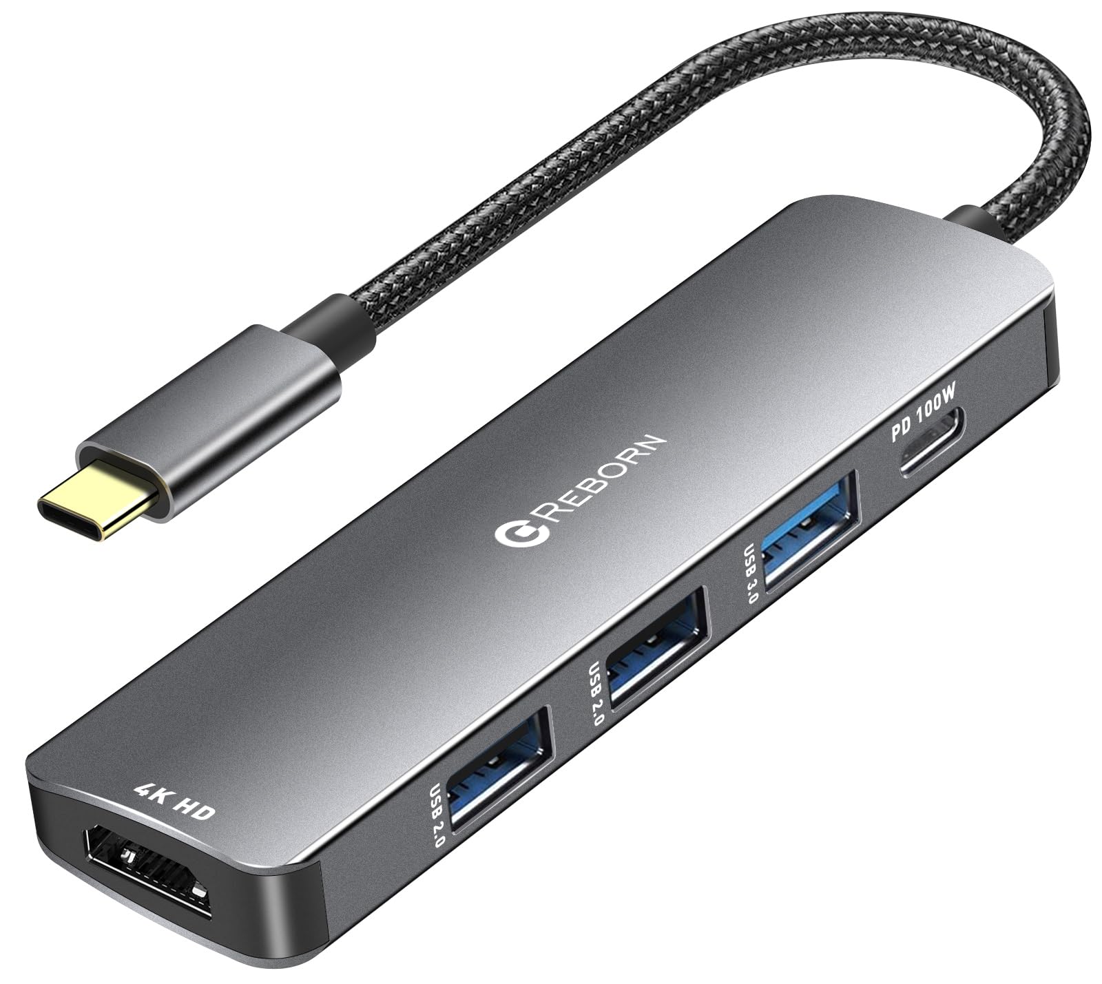 Reborn USB C Hub 5-in-1 for MacBook Pro Air 4K HDMI Multiport Adapter with 100W Power Delivery 3