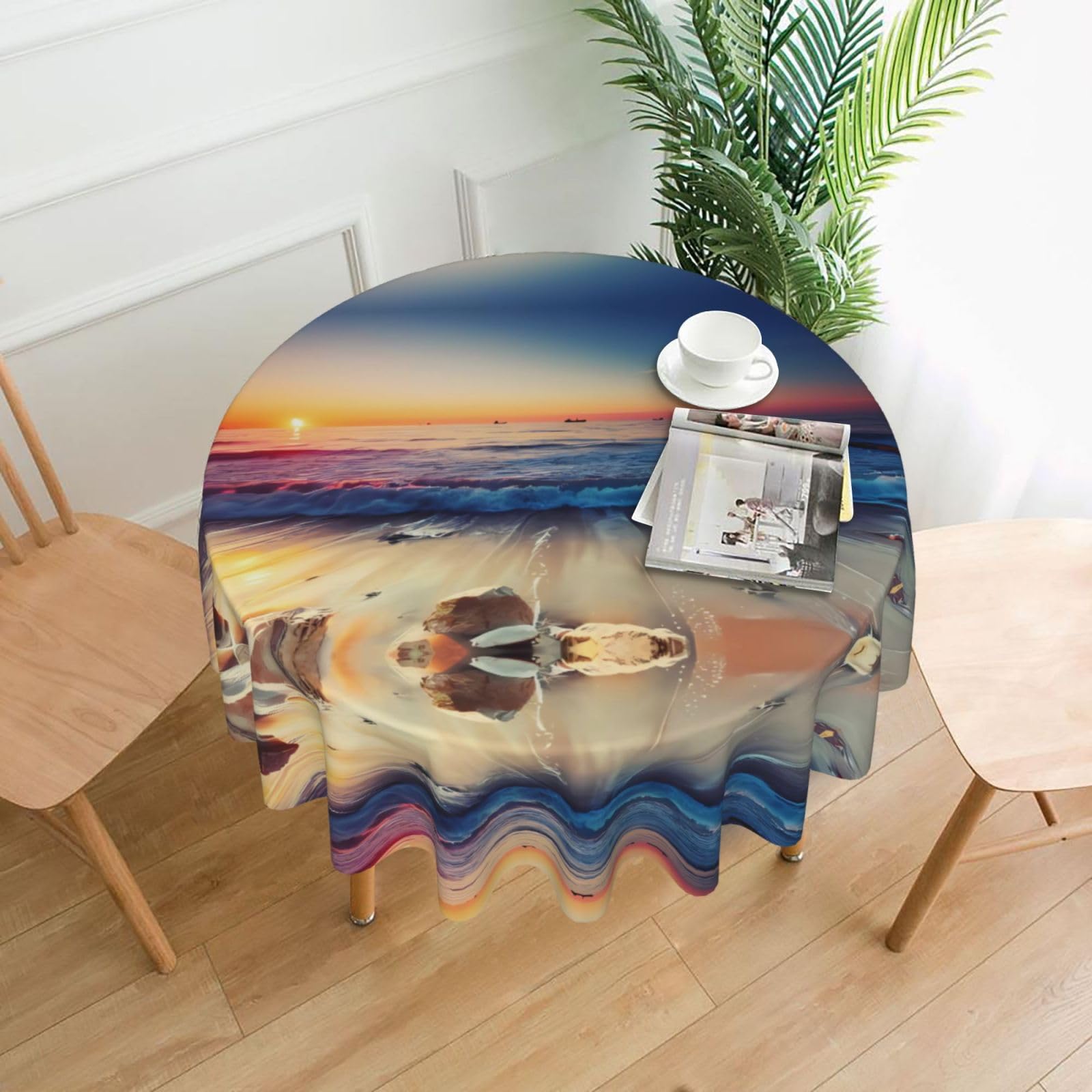 YYHWHJDE Sunset View on The Beach Shore Prints Round Decorative Tablecloth 60in – Elevate Your Dining Space with this Elegant Throw for Everyday Charm & Special Occasions
