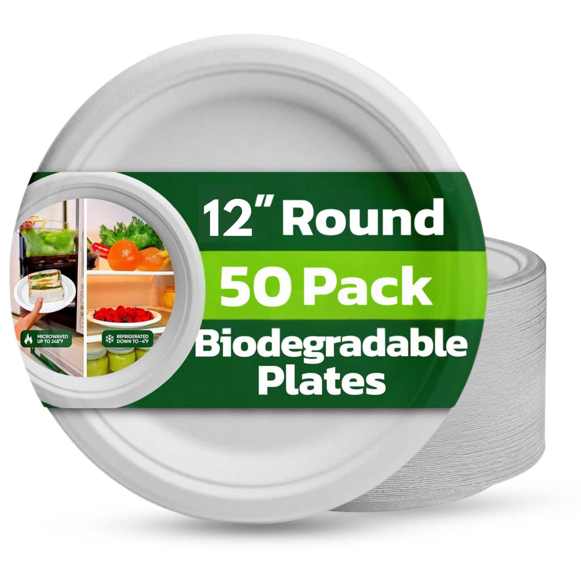 Ask Packaging Strong Paper Plates (12 Inch - 50 Pack) 100% Compostable X Large Disposable Bagasse Plates - Heavy Duty Eco-Friendly Biodegradable Sugarcane Plate for Parties – Microwave & Freezer Safe