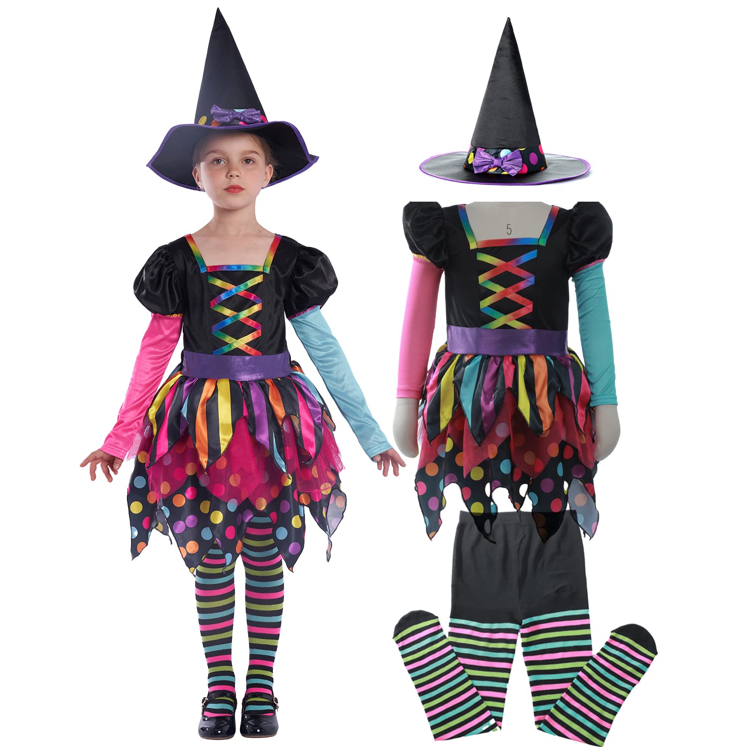 Sincere Party Ragazze Halloween Strega Costume, Deluxe Adorabile Neon Colorato Strega Travestimento con Cappello