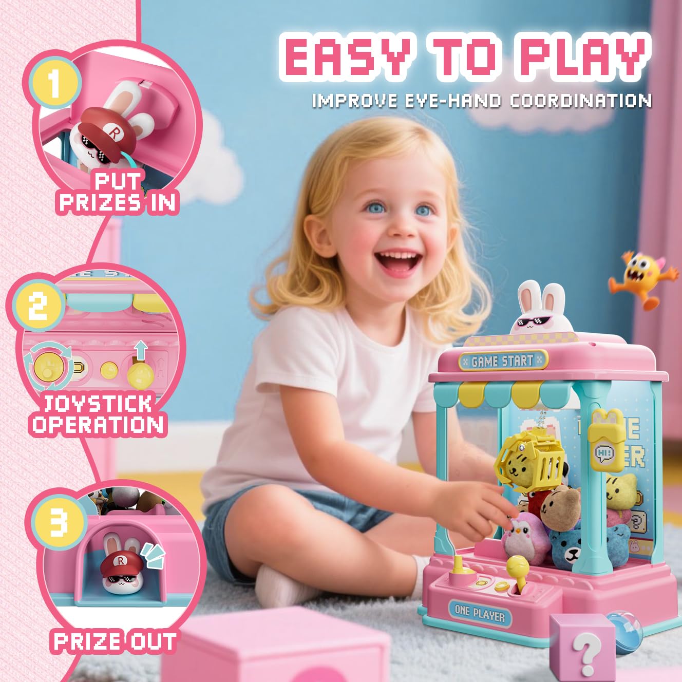 Mini-Klauenmaschine für Kinder, Pixel Art Kaninchen-Automat, Spielzeug für Mädchen, Candy Claw Machines mit Plüsch und Kapselspielzeug für Alter 3+, Geburtstagsfeier für 3-8 Jahre altes Kind